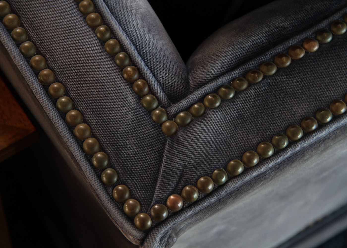 Vintage Navy Blue Velveteen Sofa with Rivet Detailing