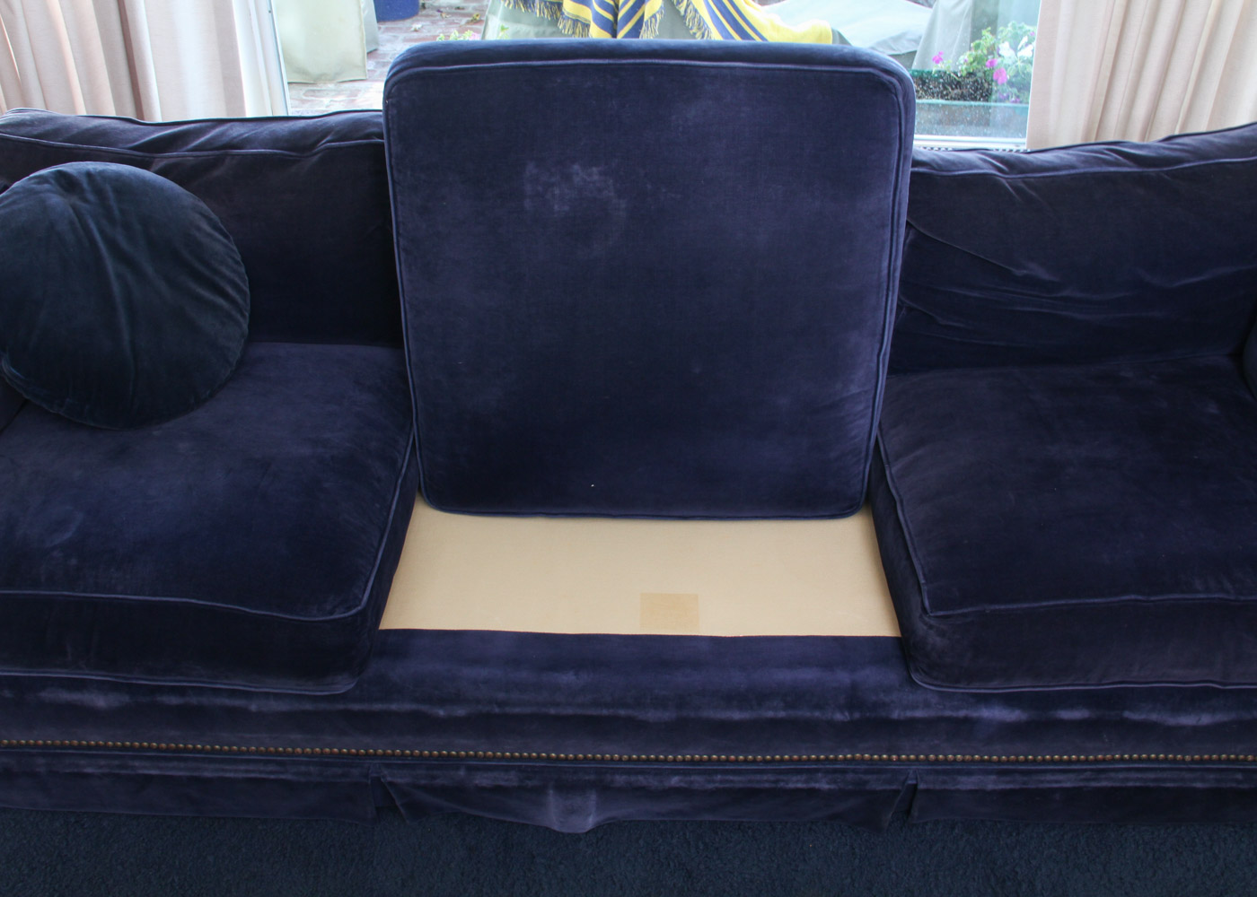 Vintage Navy Blue Velveteen Sofa with Rivet Detailing