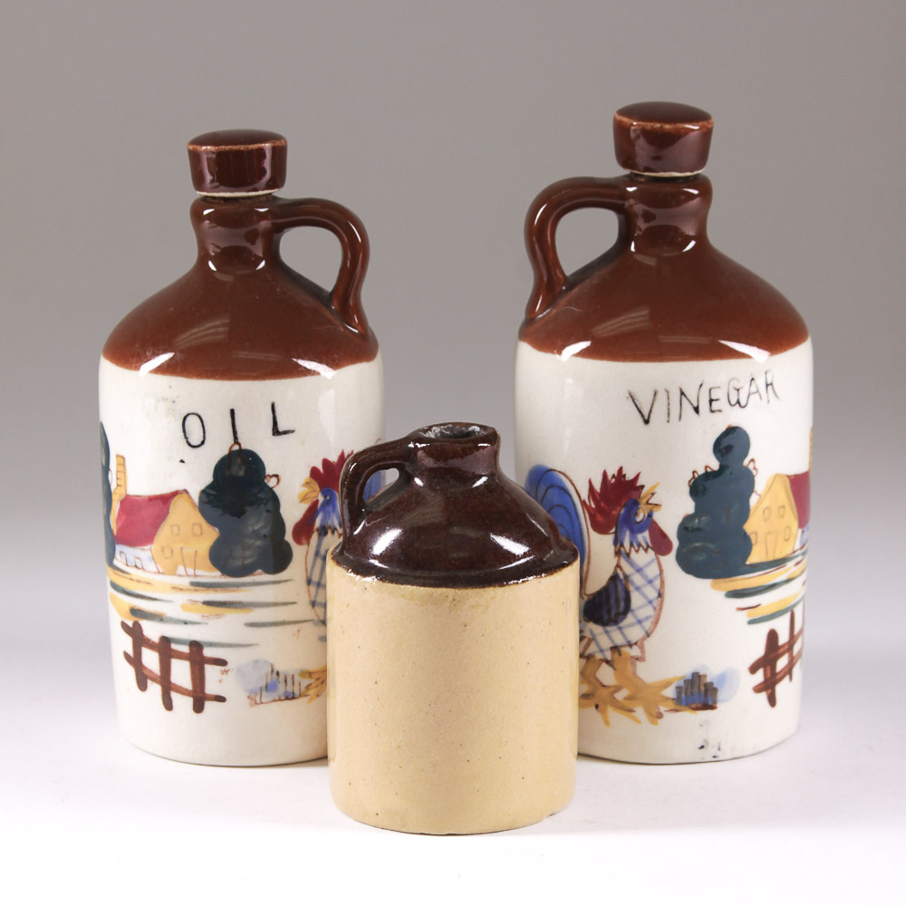 Assorted Ceramic Olive Oil and Vinegar Decanters and Jug