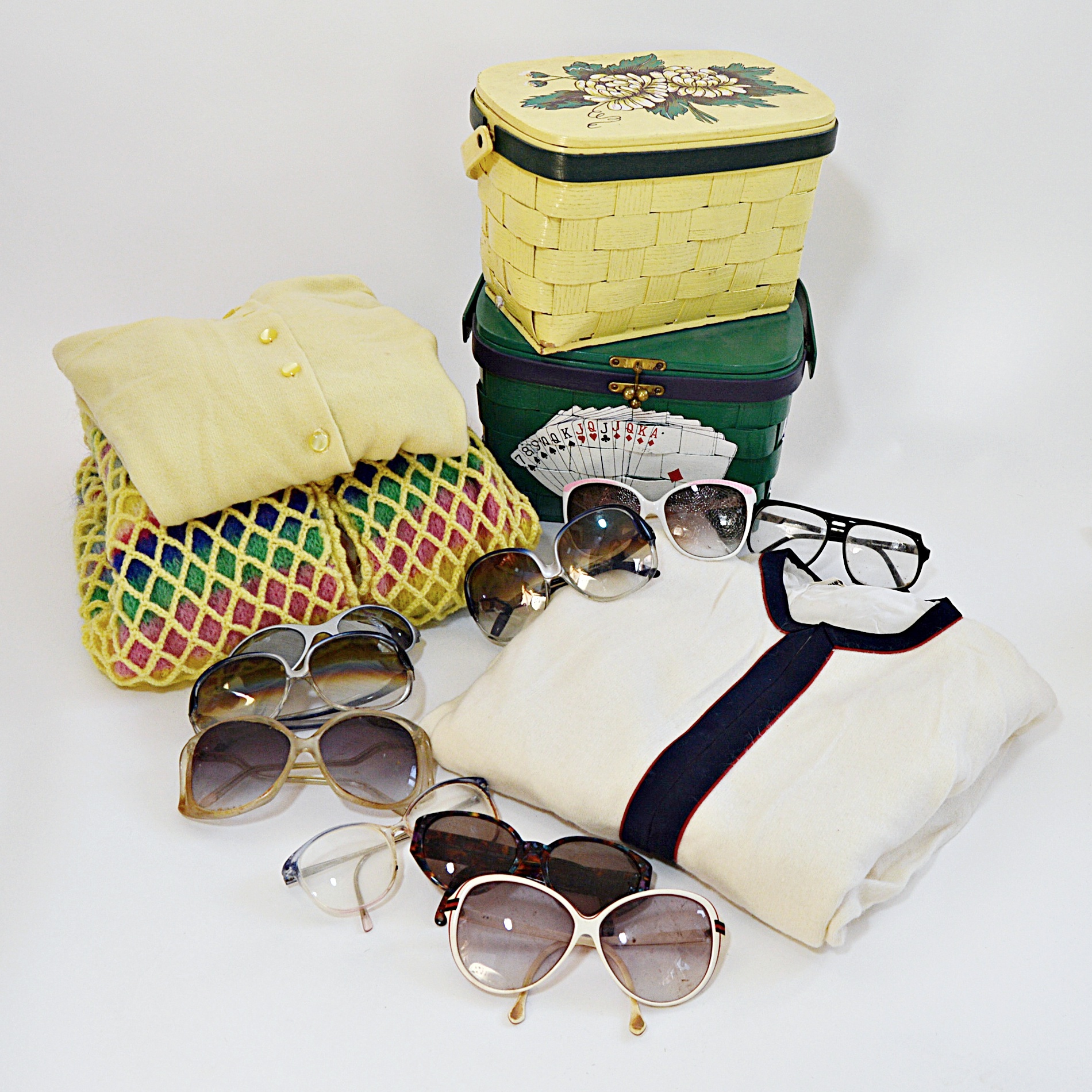 Vintage Women's Cashmere and Angora/Wool Sweaters, Basket Purses and Sunglasses