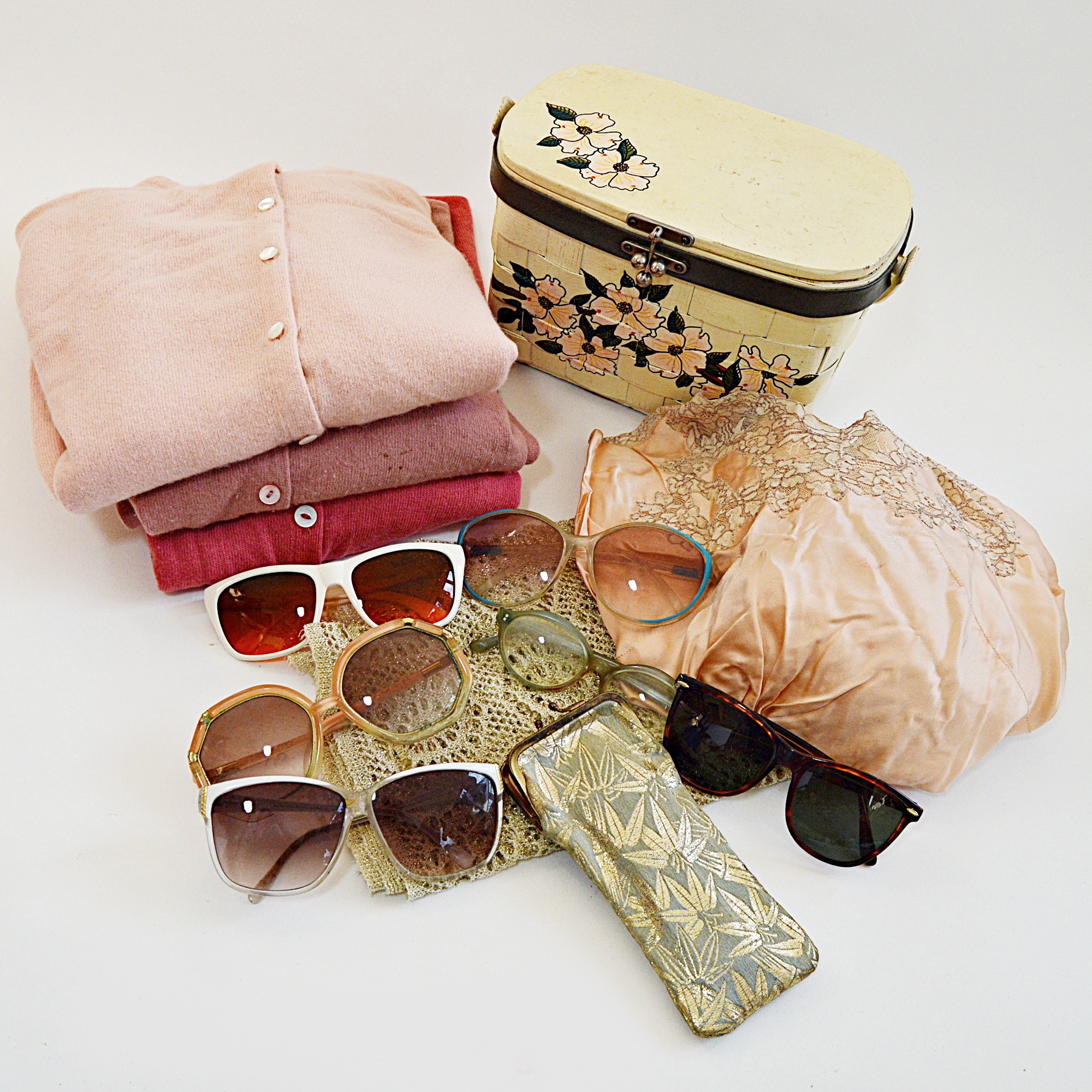 Vintage Women's Cashmere Sweaters, Basket Purse, Silk Lingerie and Sunglasses