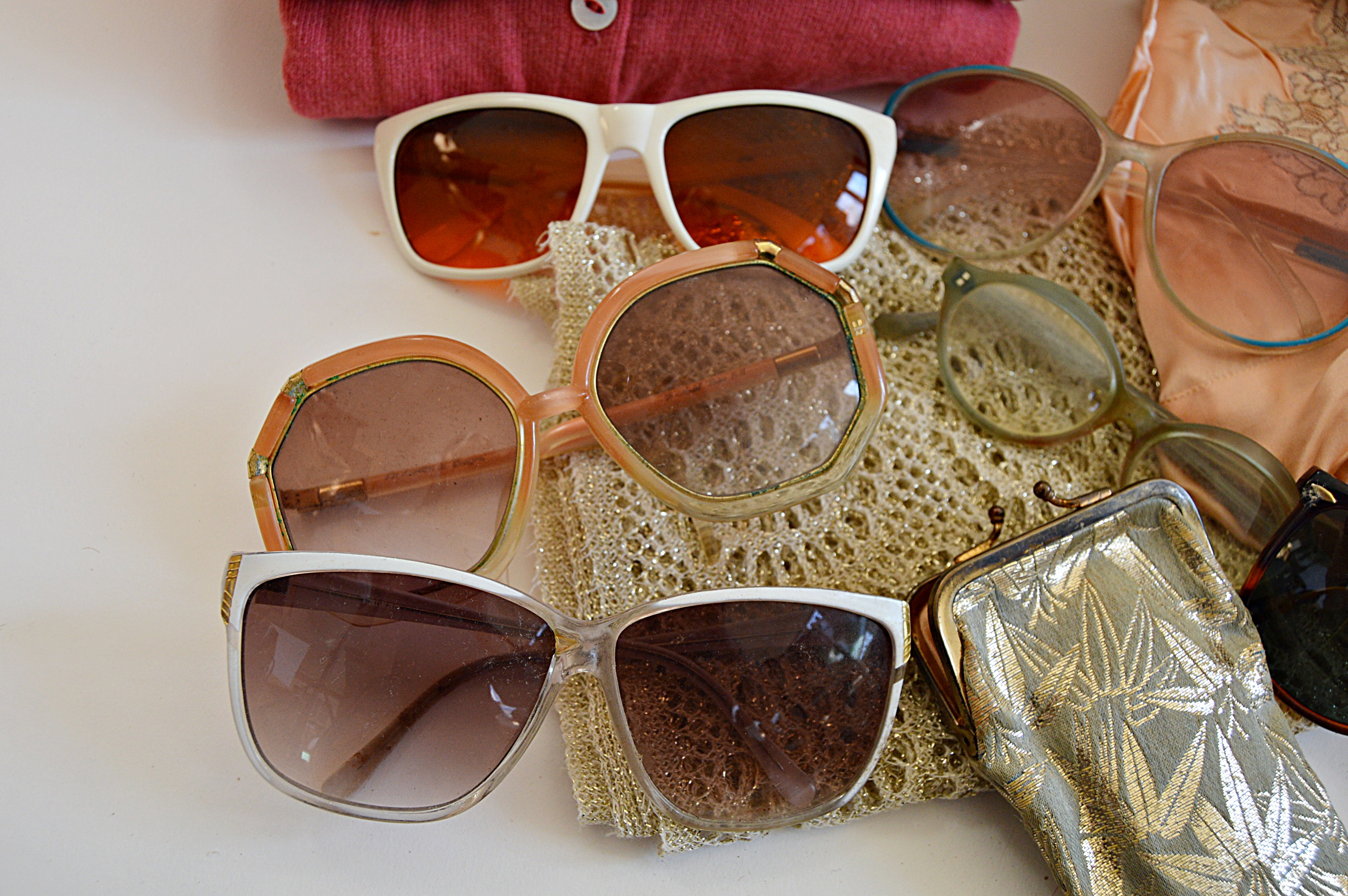 Vintage Women's Cashmere Sweaters, Basket Purse, Silk Lingerie and Sunglasses