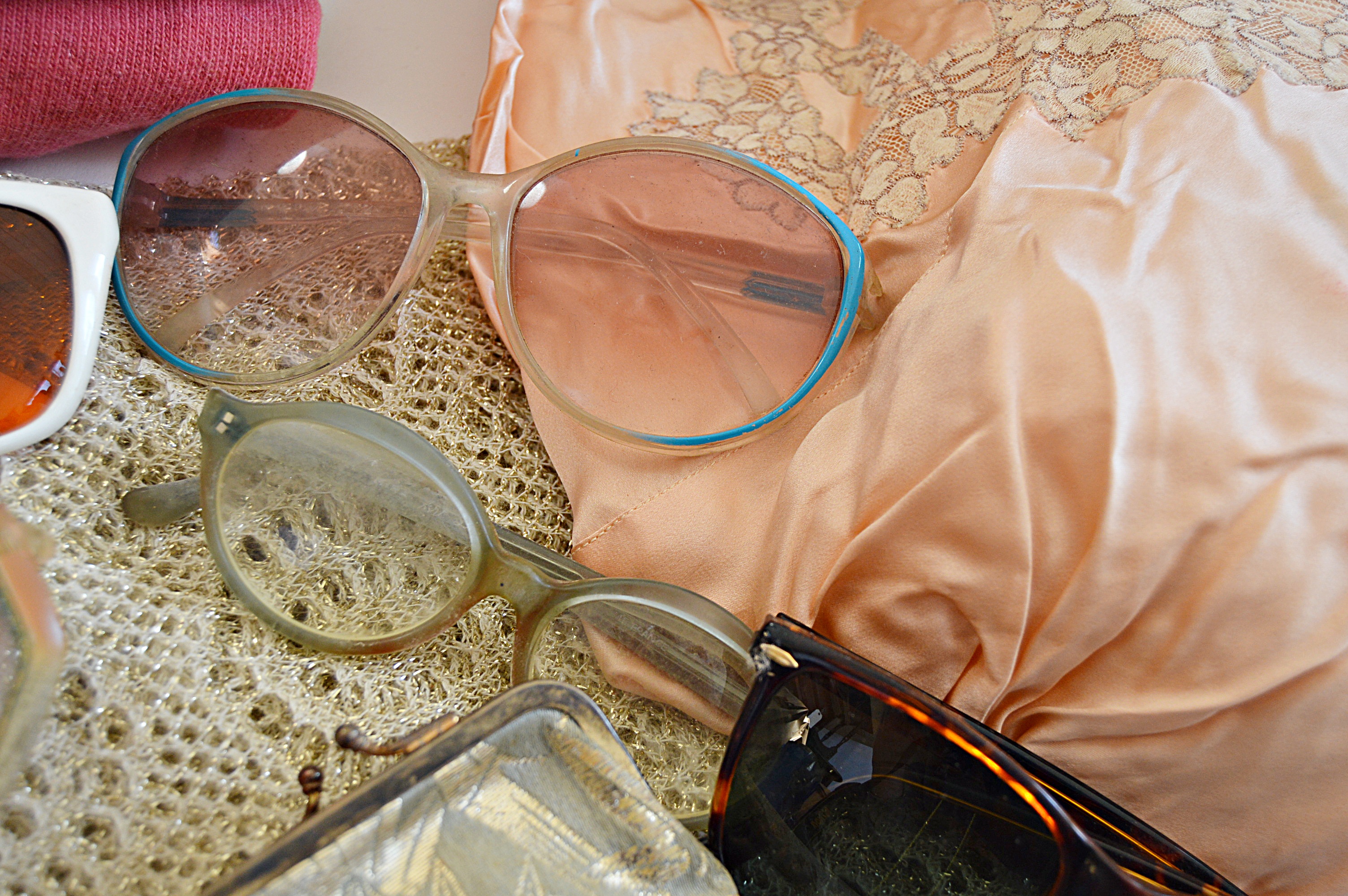 Vintage Women's Cashmere Sweaters, Basket Purse, Silk Lingerie and Sunglasses