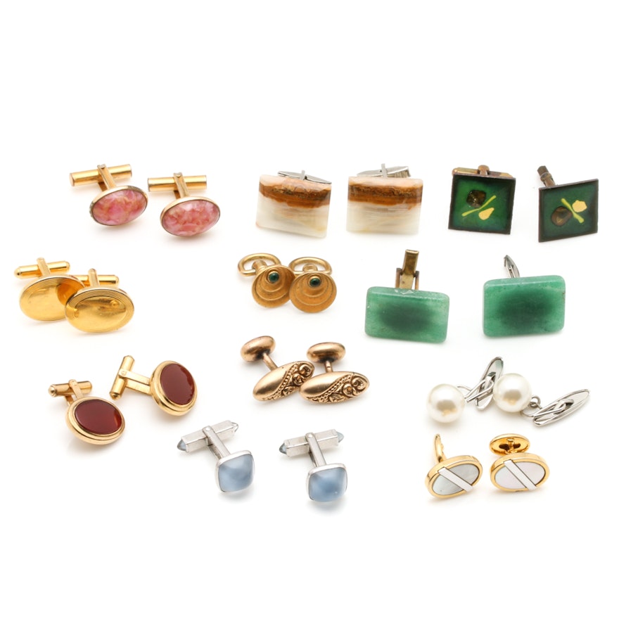 Vintage Cufflink Assortment Featuring Agate, Carnelian, and Mother of Pearl