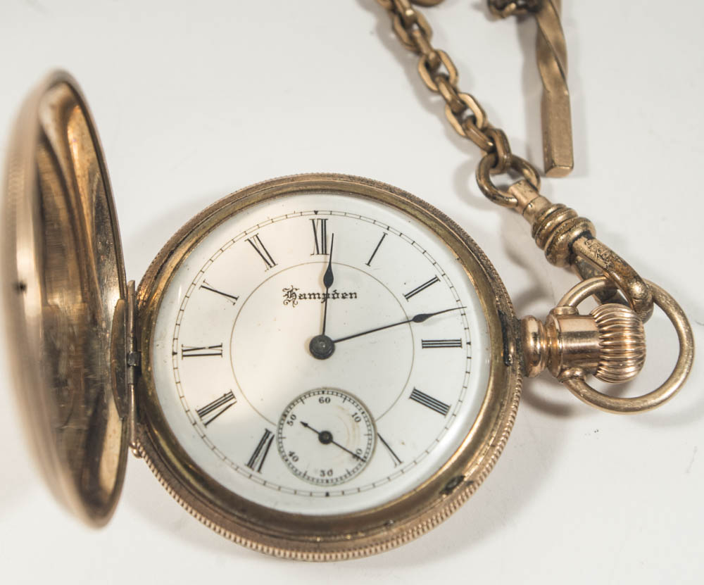 Circa 1889 Hampden Gold Filled Hunting Case Pocket Watch & Fob