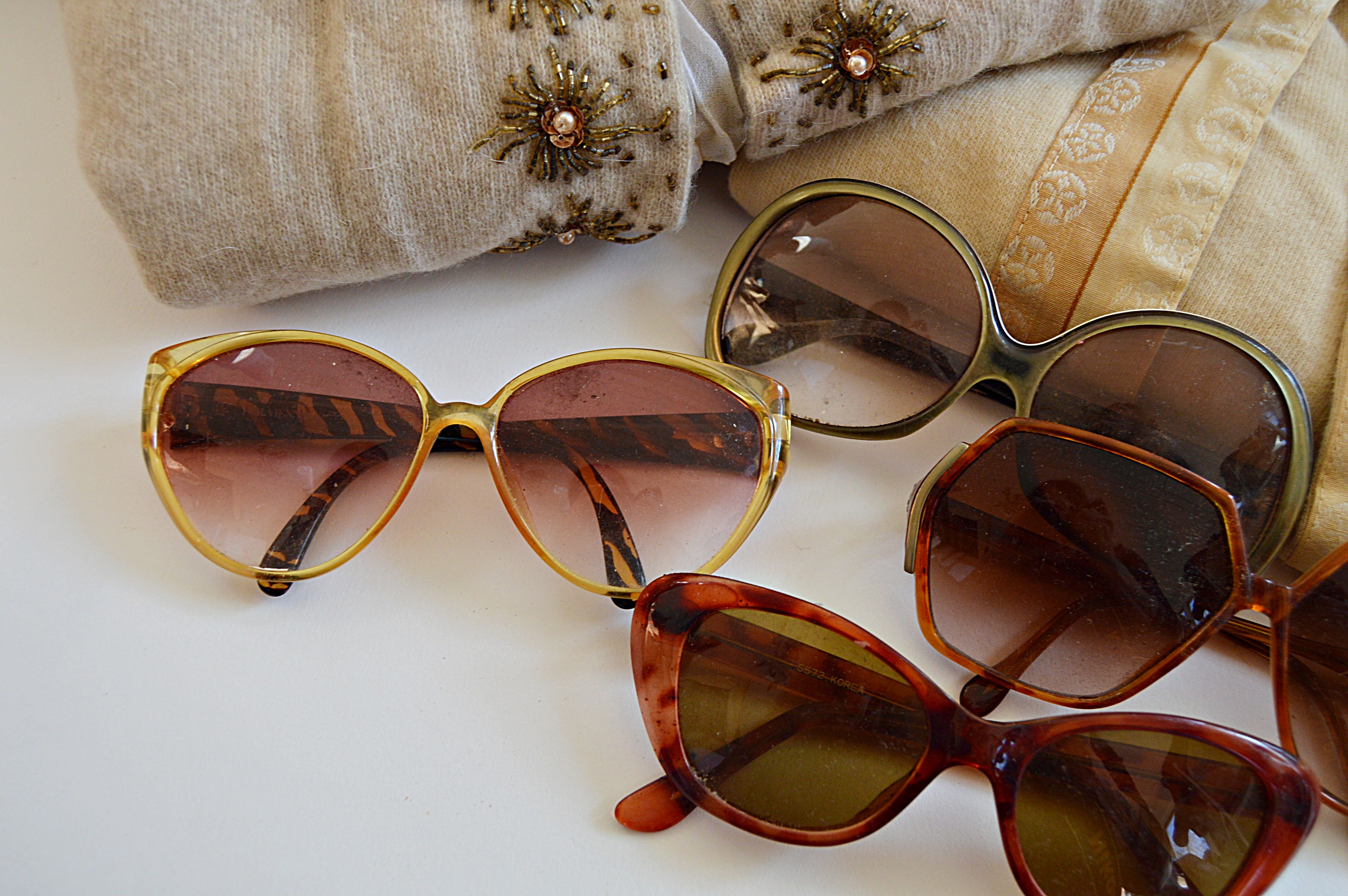 Vintage Women's Beaded Lambswool Sweaters, Basket Purse, and Sunglasses