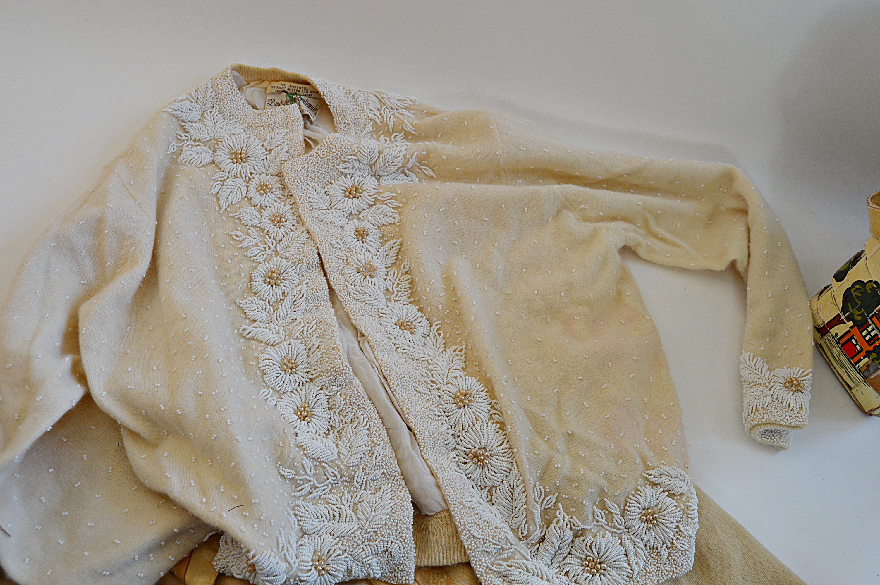 Vintage Women's Beaded Lambswool Sweaters, Basket Purse, and Sunglasses