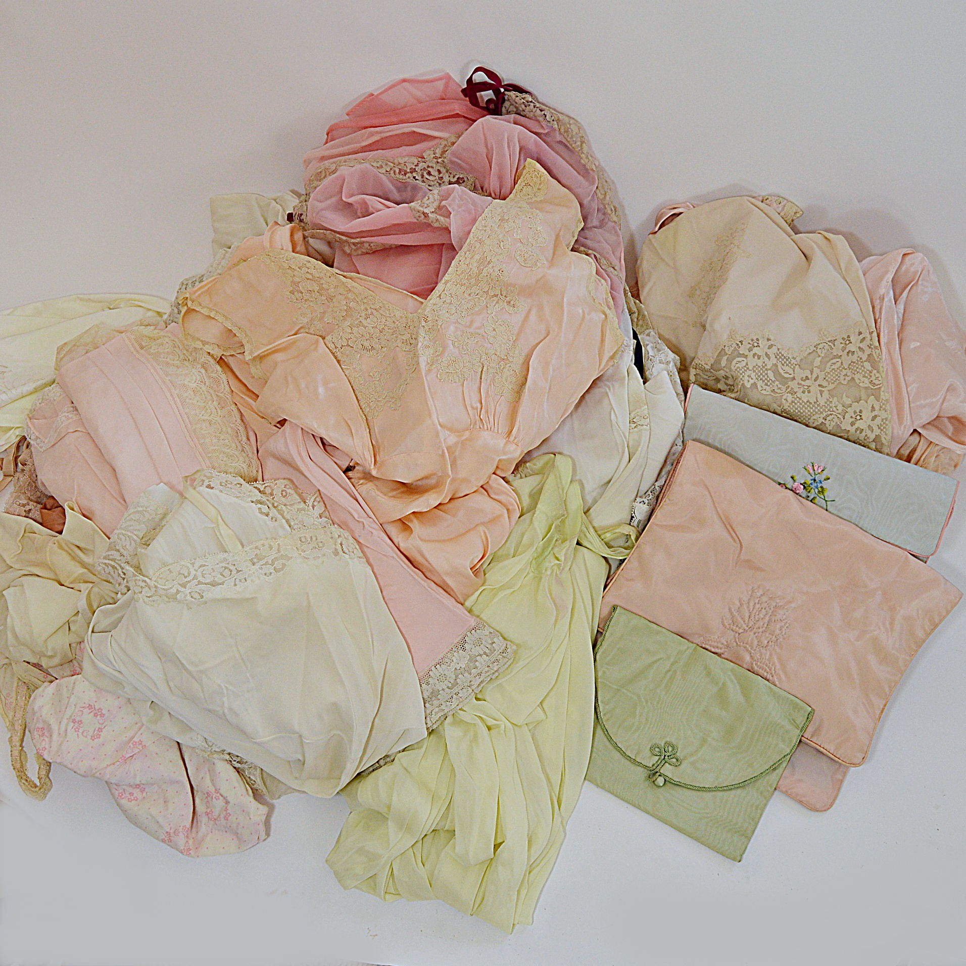 Vintage Lingerie with Bed Jackets, Silk Gowns, Undergarments, Stockings, Bags
