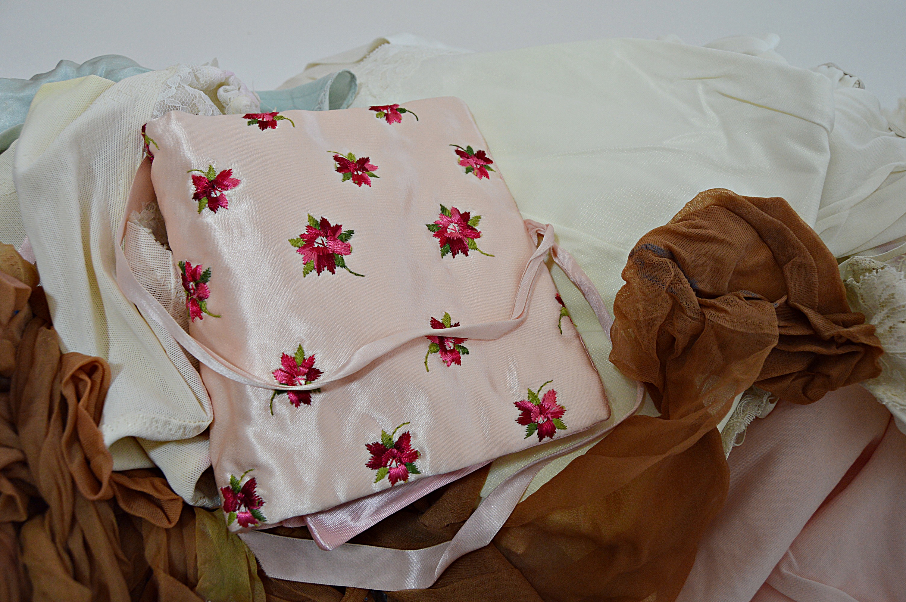 Vintage Lingerie with Bed Jackets, Silk Gowns, Undergarments, Stockings, Bags