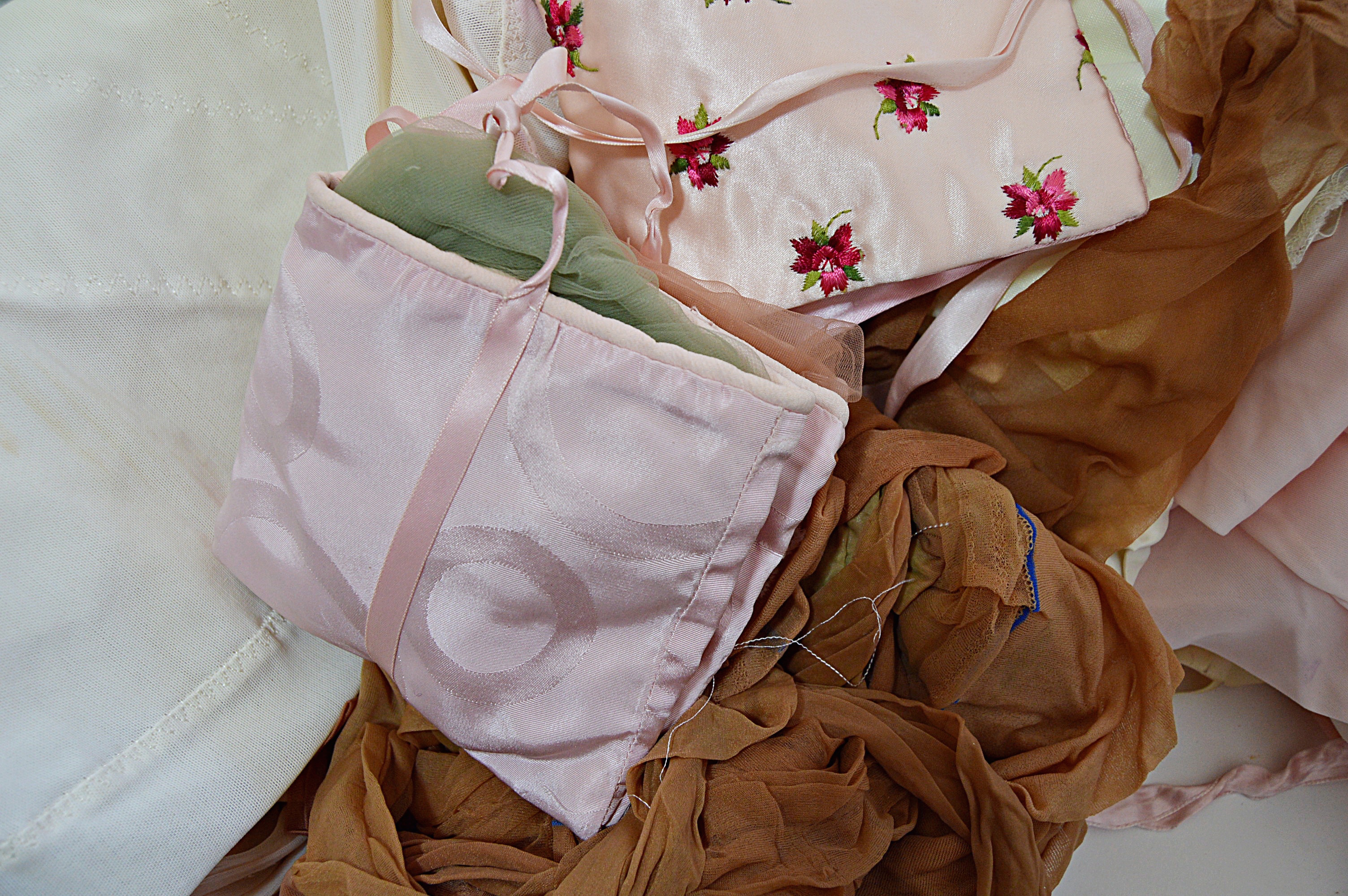 Vintage Lingerie with Bed Jackets, Silk Gowns, Undergarments, Stockings, Bags