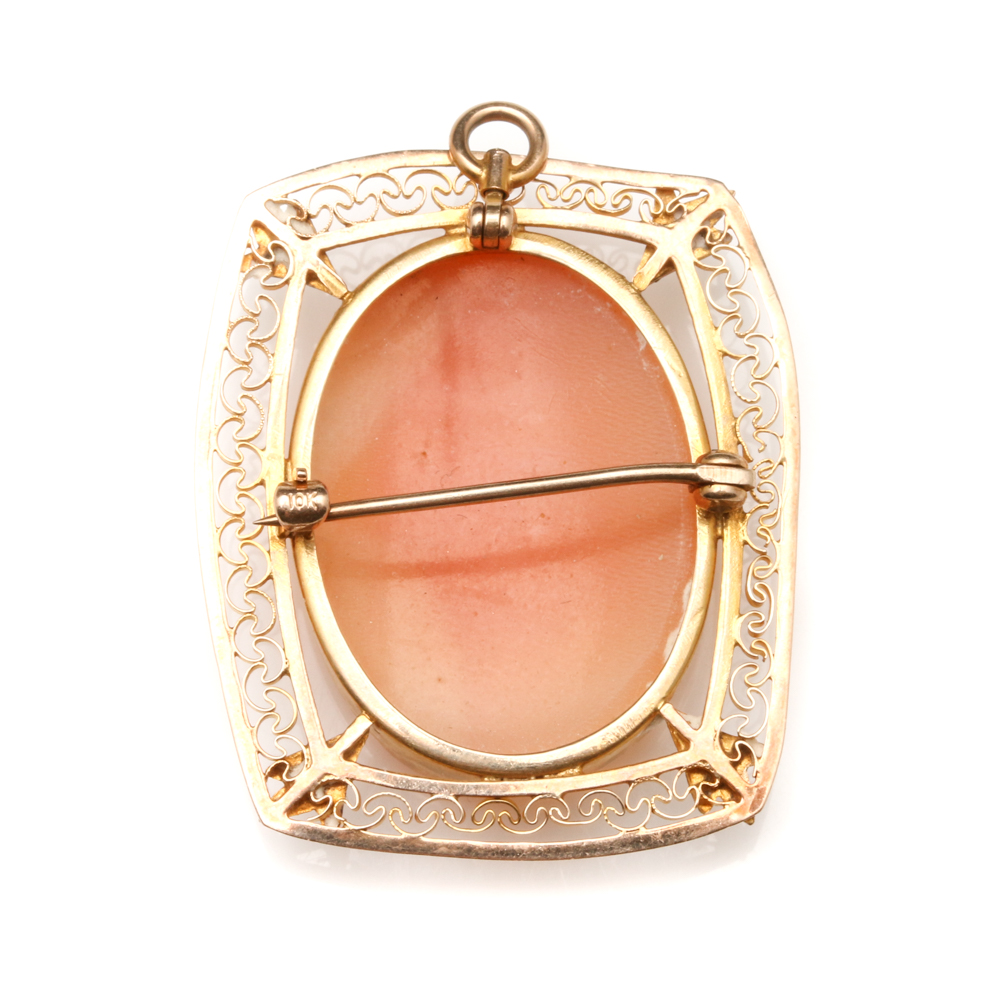 Victorian 10K Yellow Gold Shell Cameo Pendant Brooch