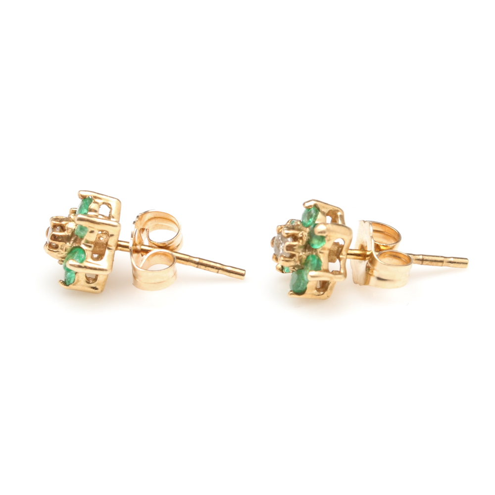 14K Yellow Gold Diamond and Emerald Earrings