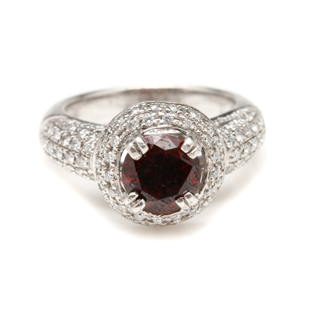 Platinum Garnet and Diamond Ring