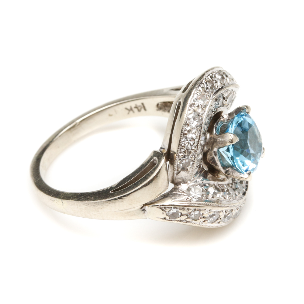 14K White Gold Blue Topaz and 1.00 CTW Diamond Bypass Ring
