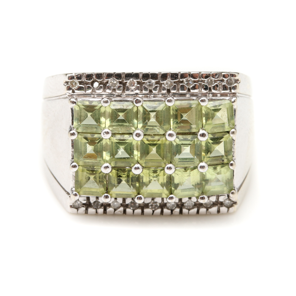 14K White Gold Peridot and Diamond Ring