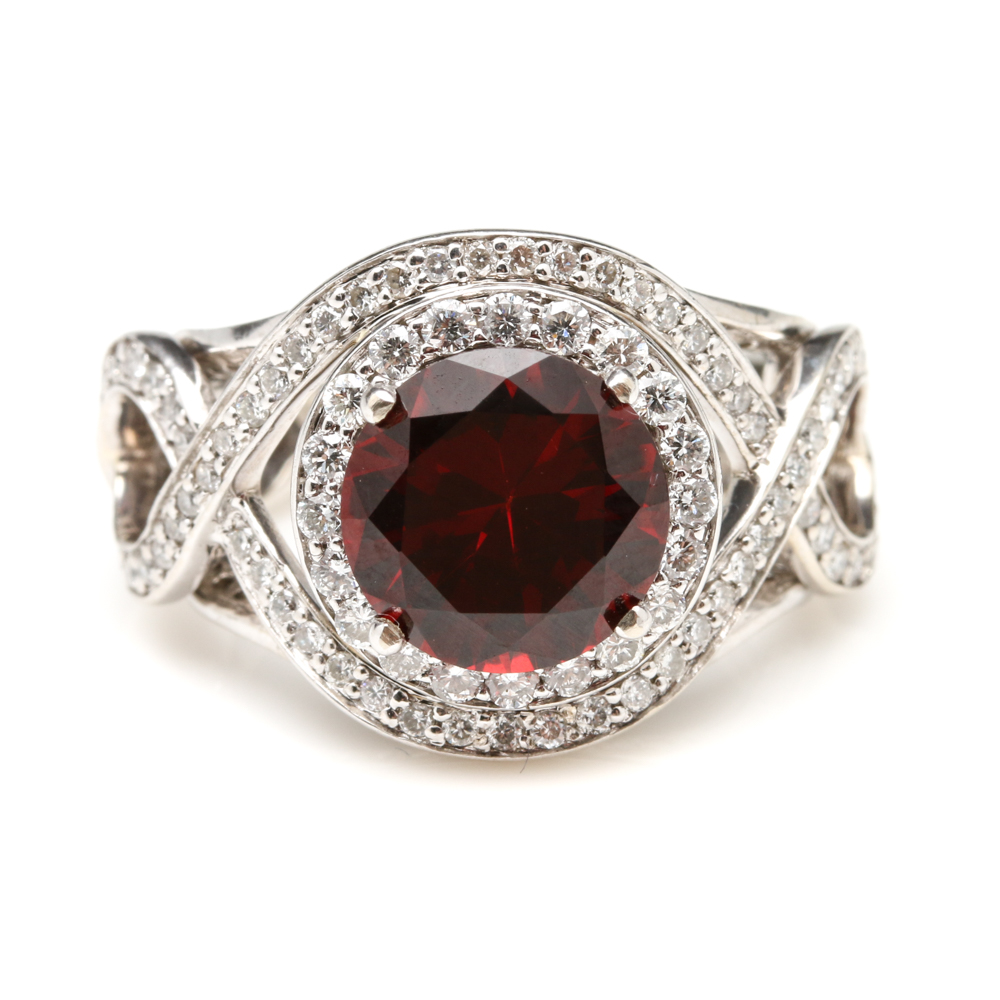 14K White Gold Garnet and 1.00 CTW Diamond Ring