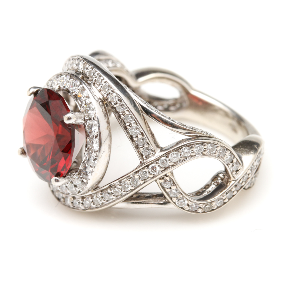 14K White Gold Garnet and 1.00 CTW Diamond Ring