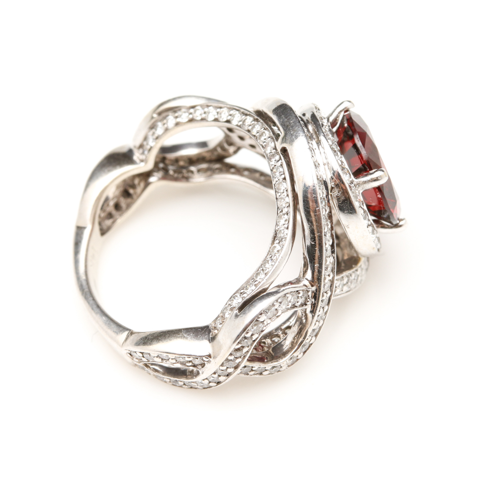 14K White Gold Garnet and 1.00 CTW Diamond Ring