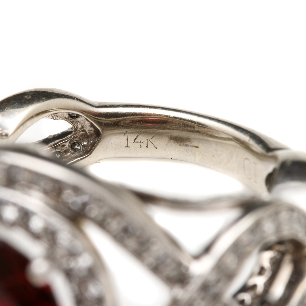 14K White Gold Garnet and 1.00 CTW Diamond Ring