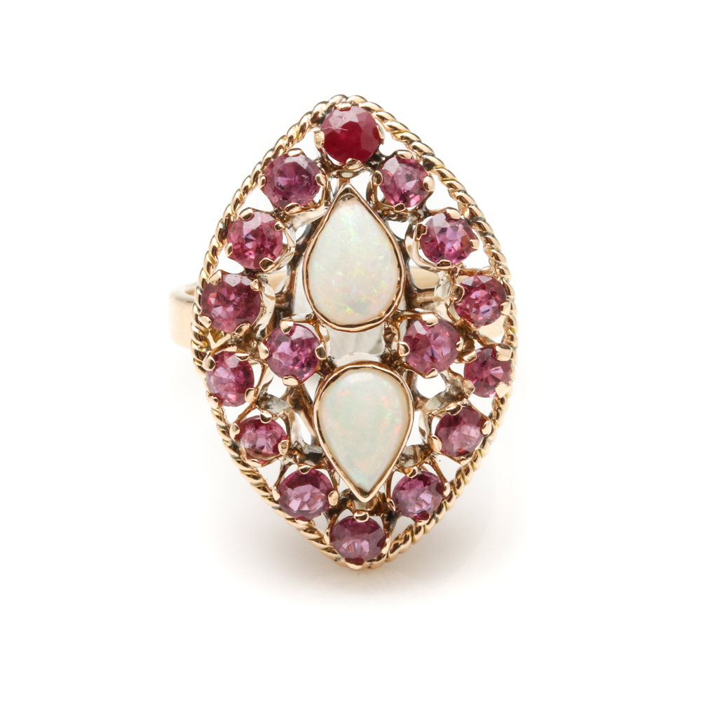 14K Yellow Gold Opal and Ruby Ring