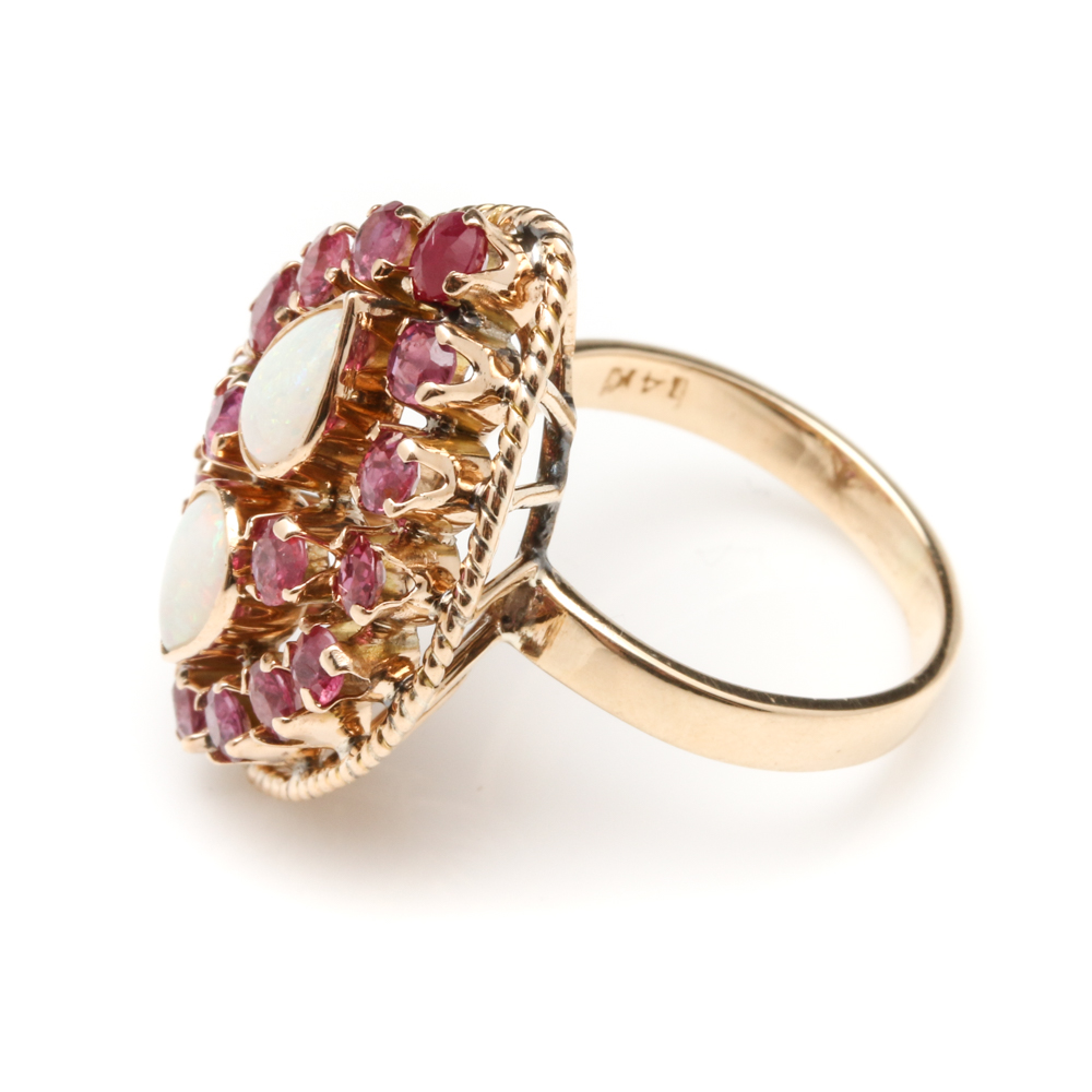 14K Yellow Gold Opal and Ruby Ring