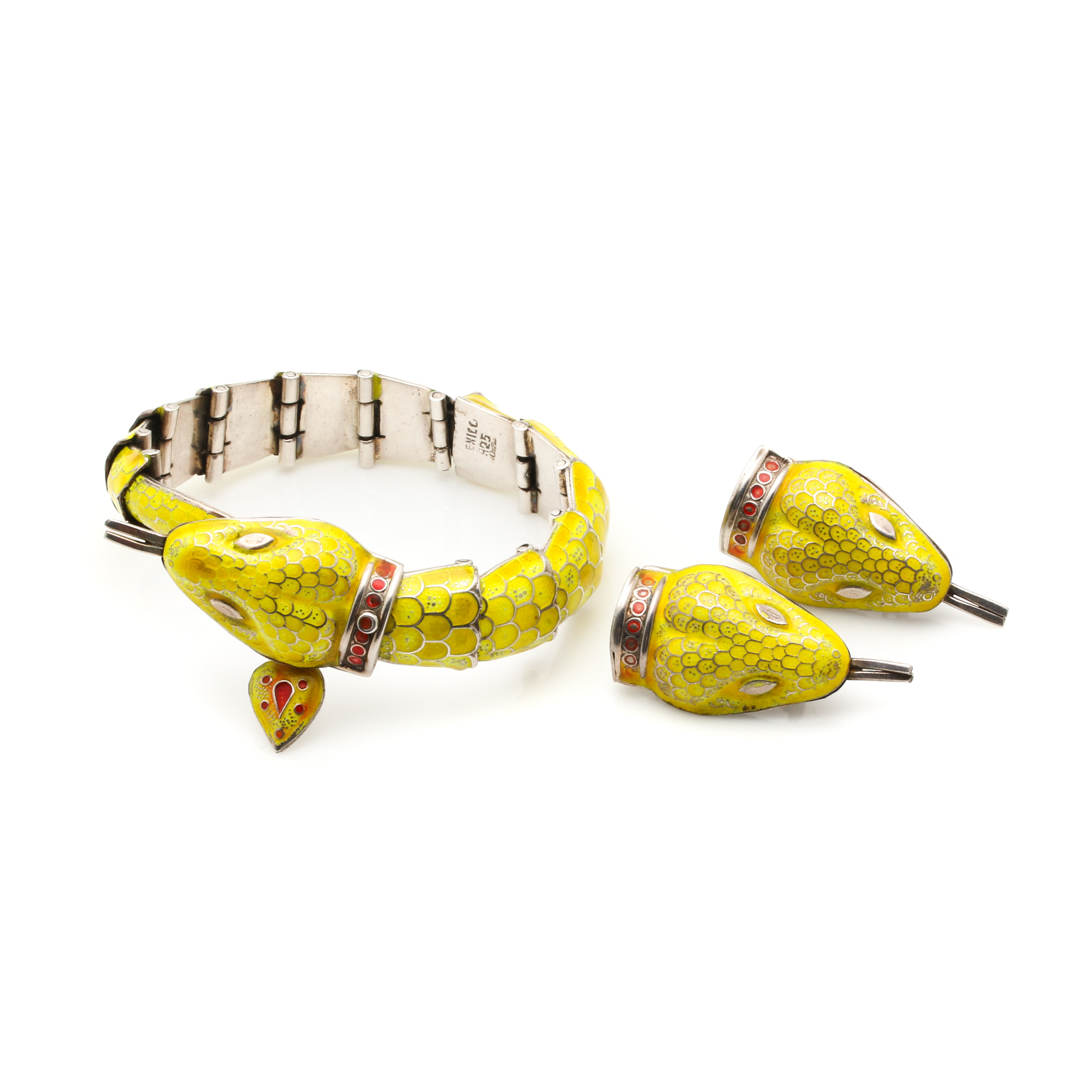 Sterling Silver Enamel Articulated Snake Bracelet and Clip On Earrings