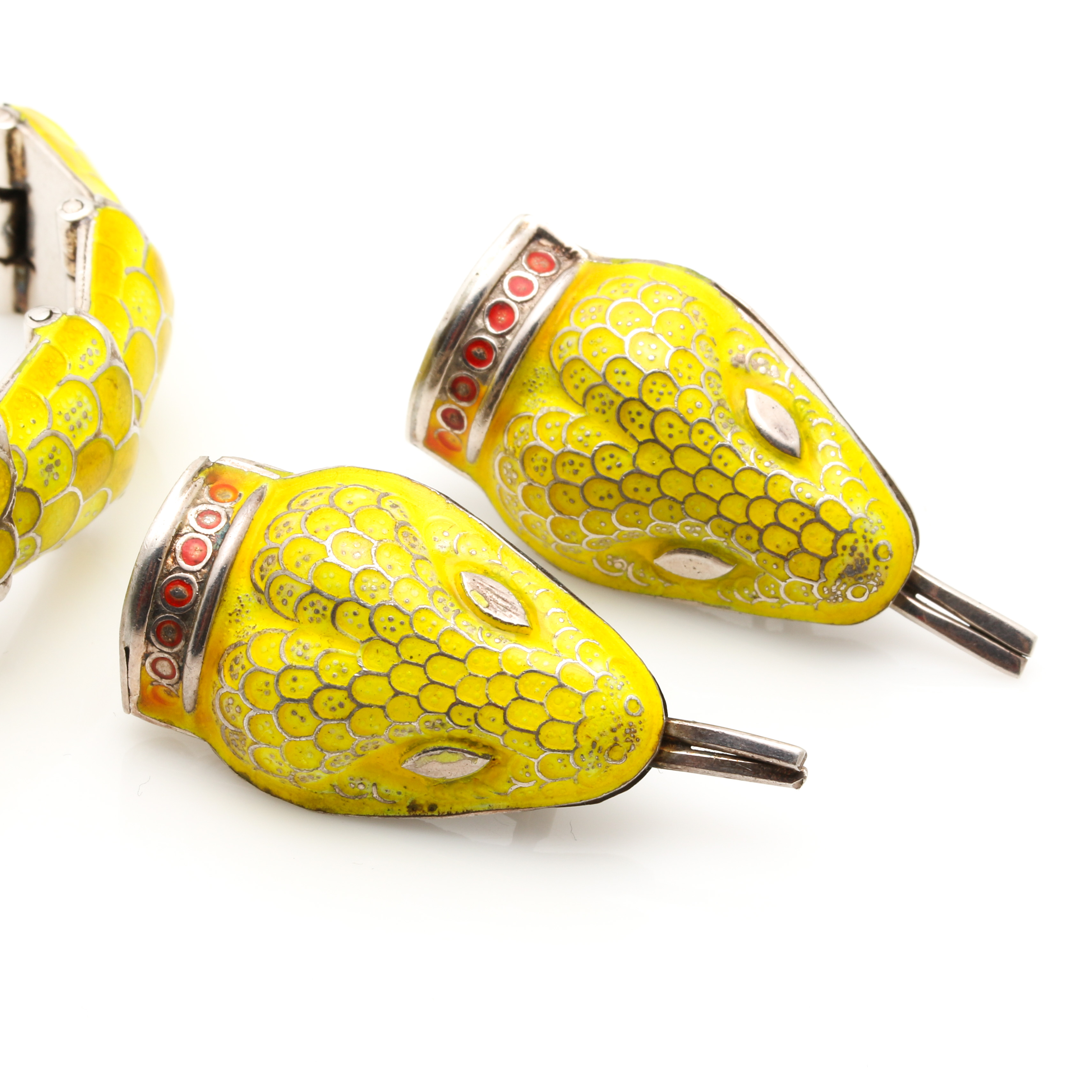 Sterling Silver Enamel Articulated Snake Bracelet and Clip On Earrings