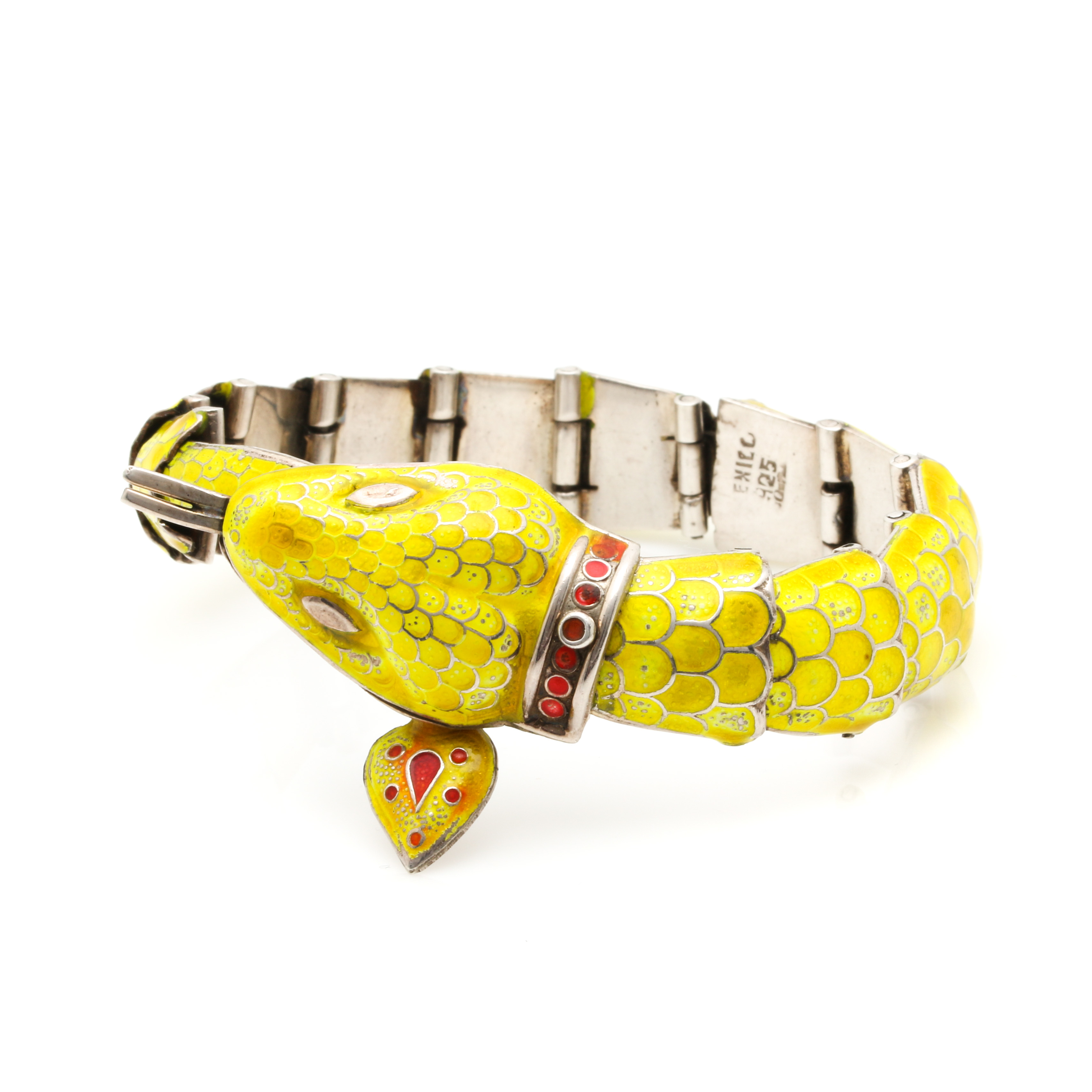 Sterling Silver Enamel Articulated Snake Bracelet and Clip On Earrings