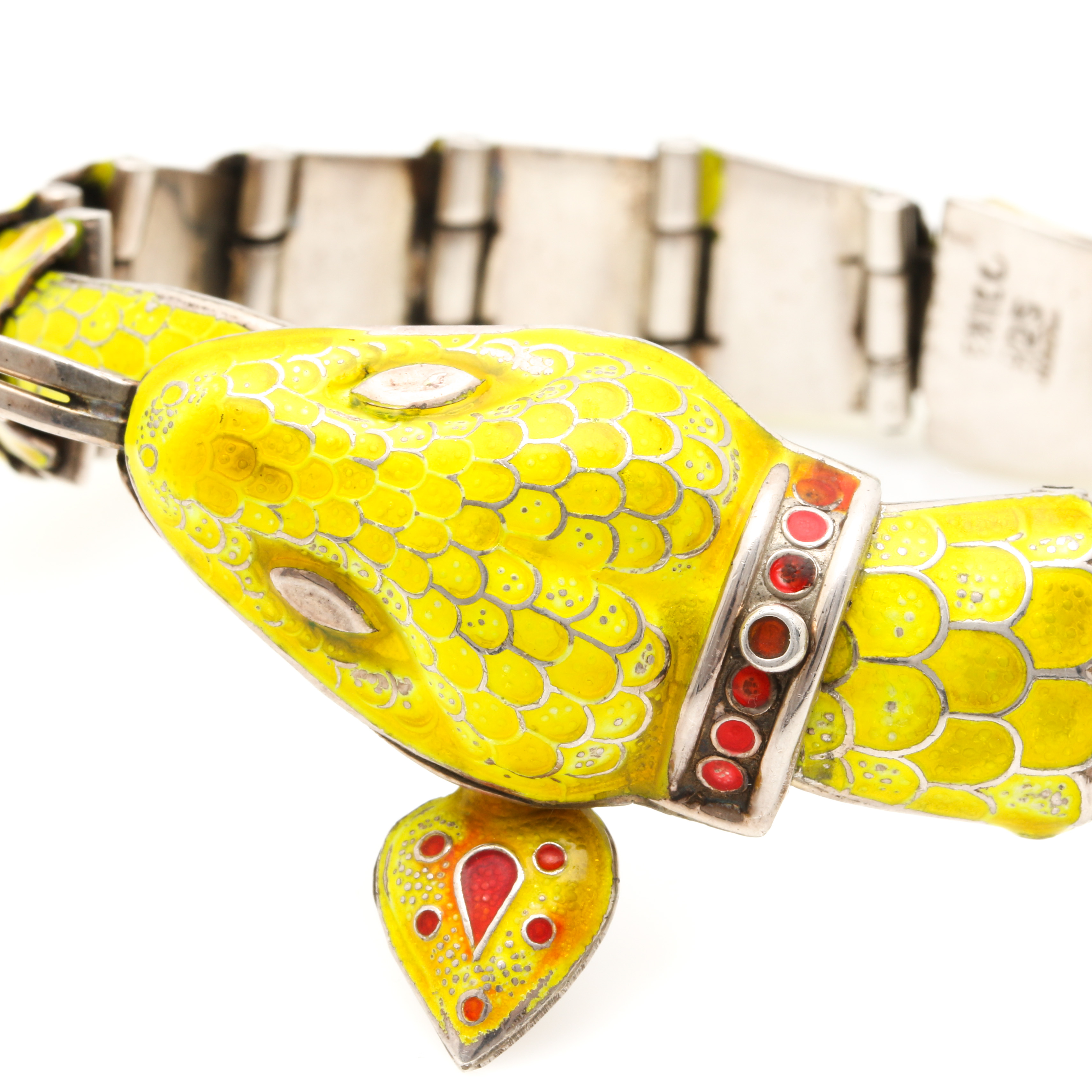 Sterling Silver Enamel Articulated Snake Bracelet and Clip On Earrings