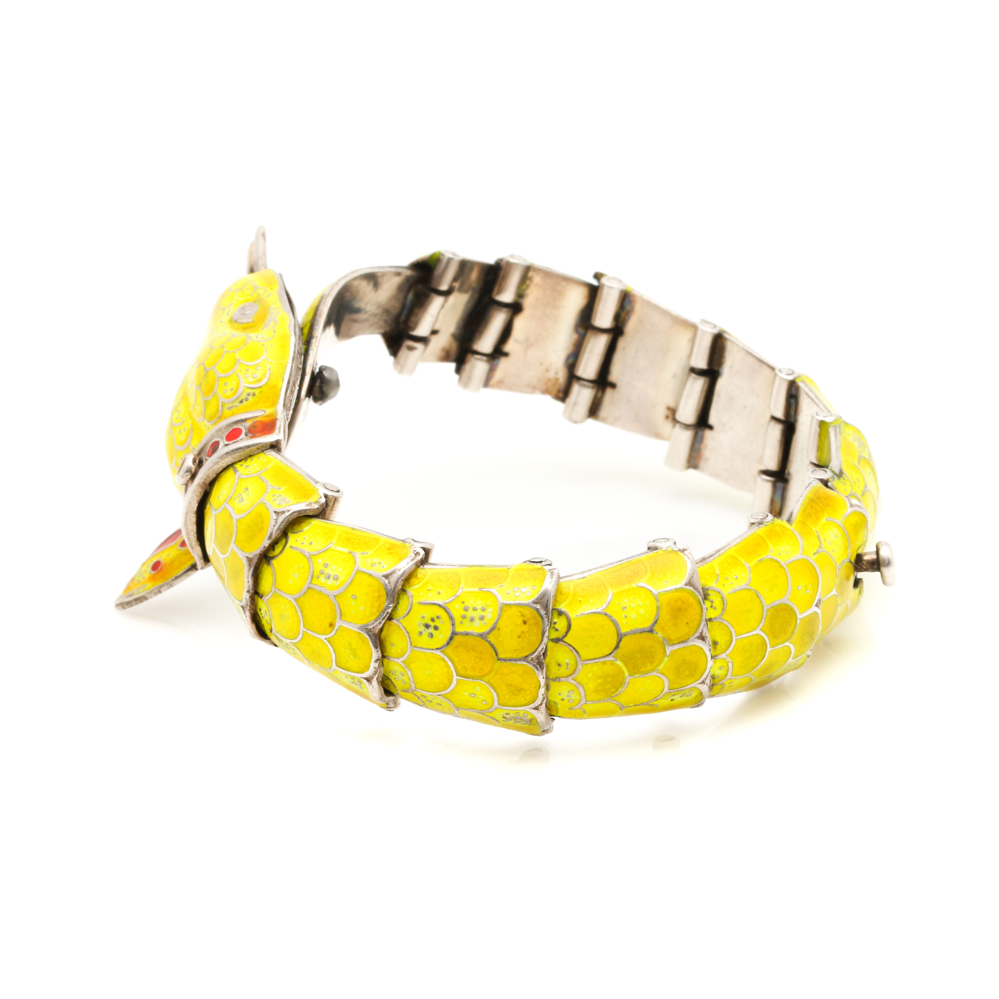 Sterling Silver Enamel Articulated Snake Bracelet and Clip On Earrings