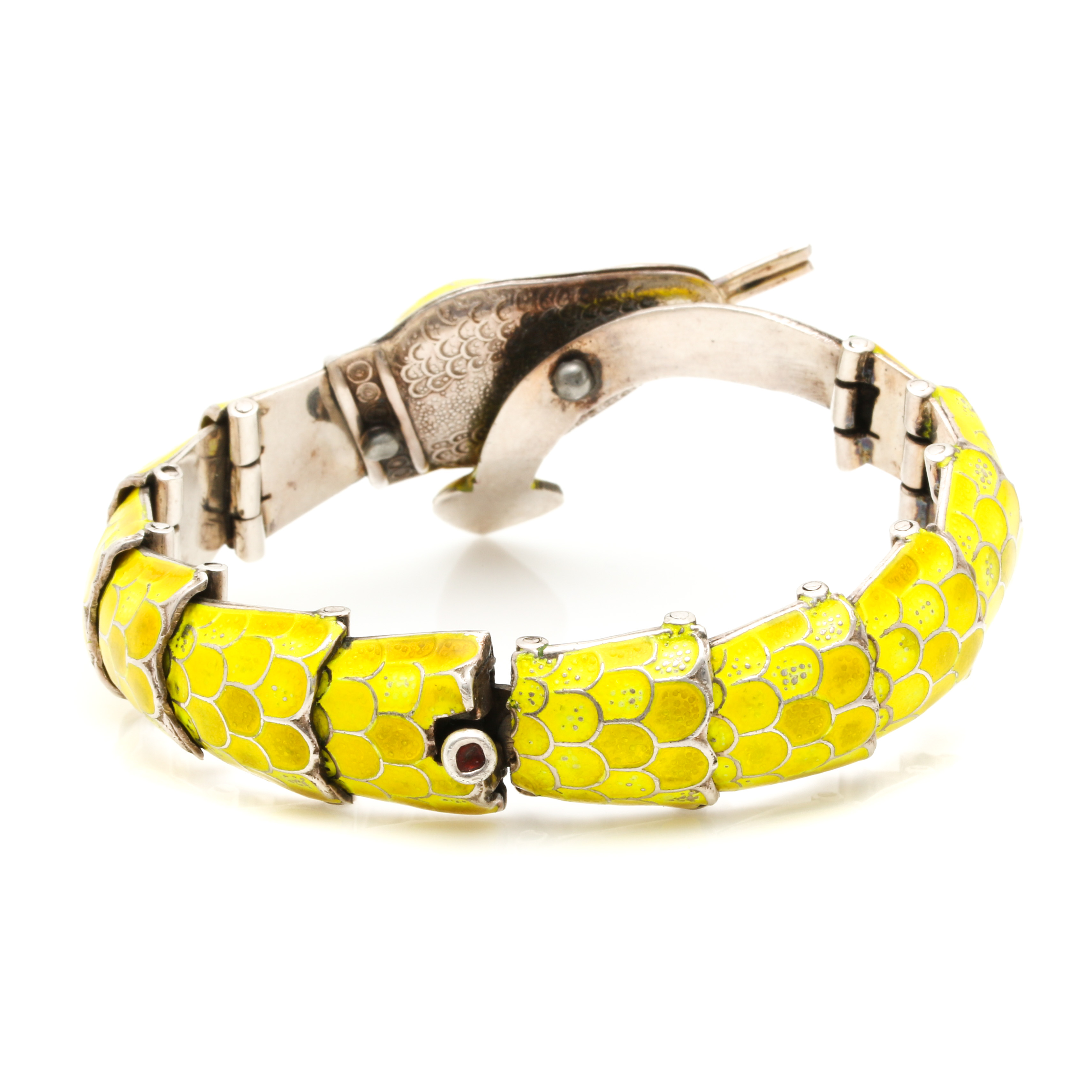 Sterling Silver Enamel Articulated Snake Bracelet and Clip On Earrings