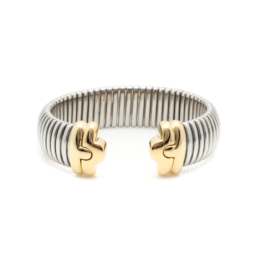 Stainless Steel Cuff Bracelet with 18K Yellow Gold Accents