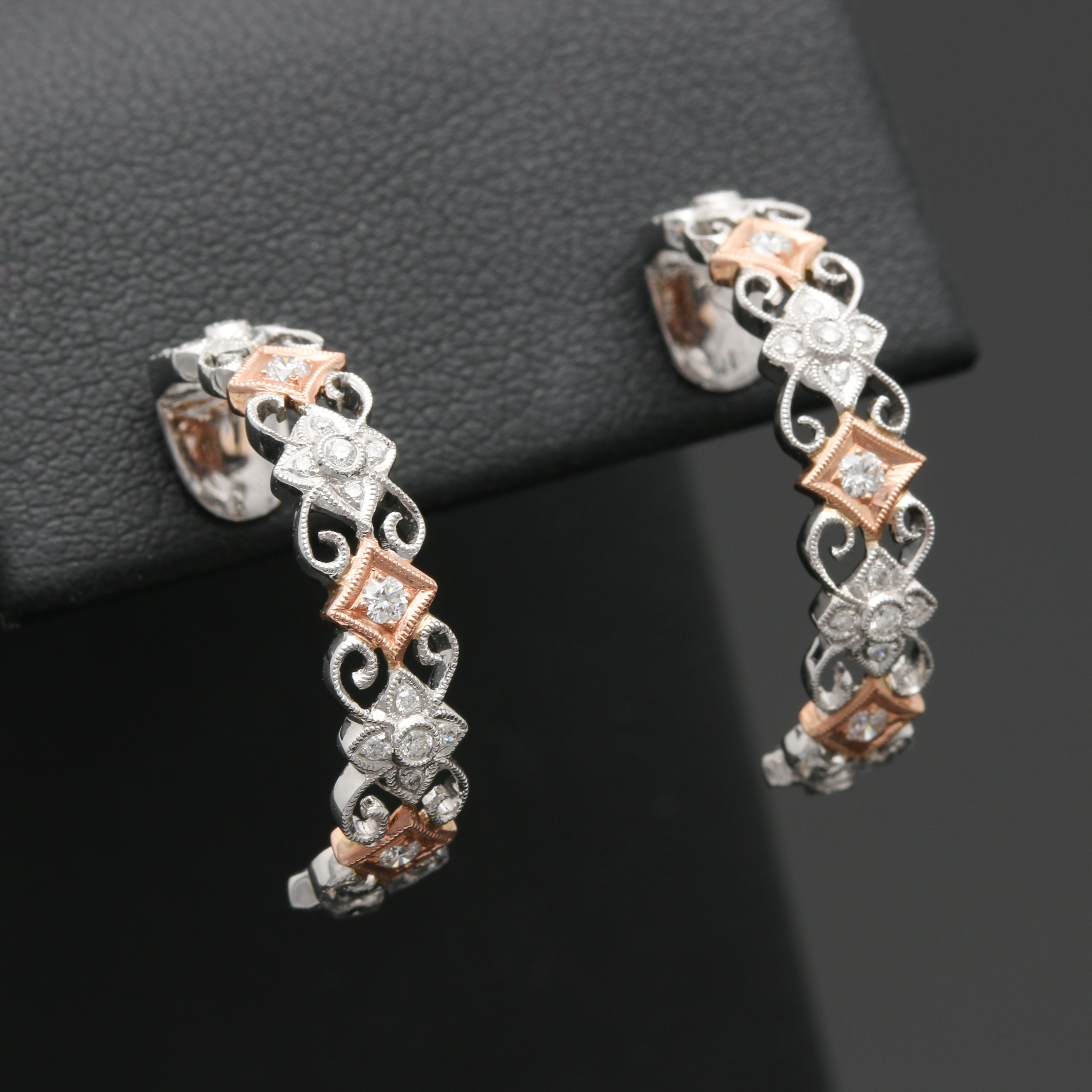 14K White and Rose Gold Diamond Half Hoop Earrings
