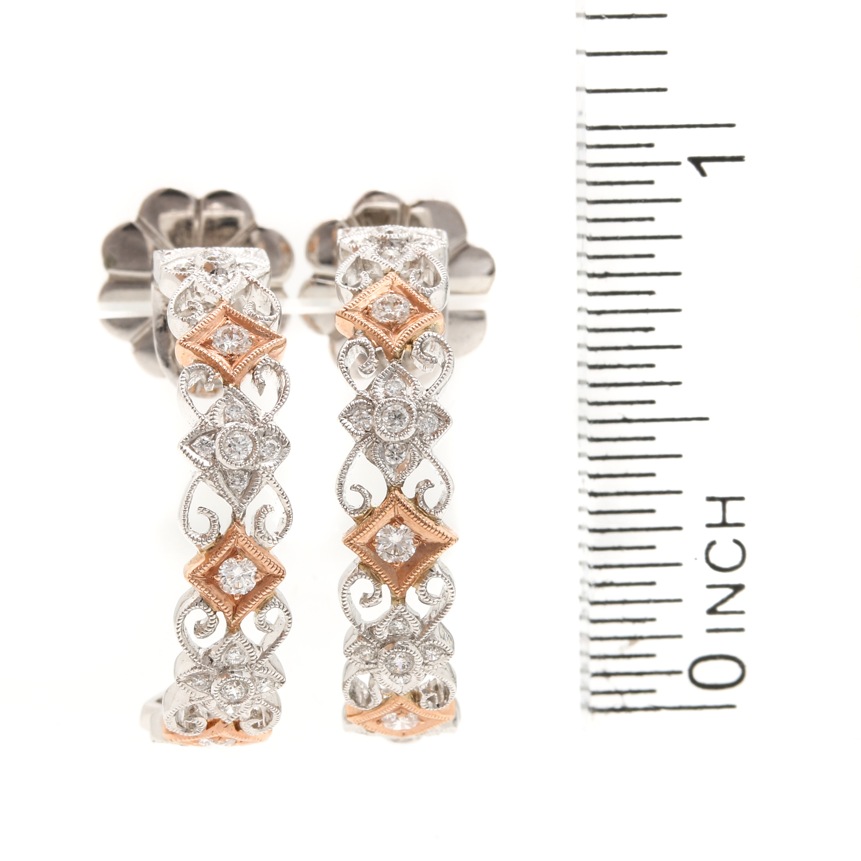 14K White and Rose Gold Diamond Half Hoop Earrings