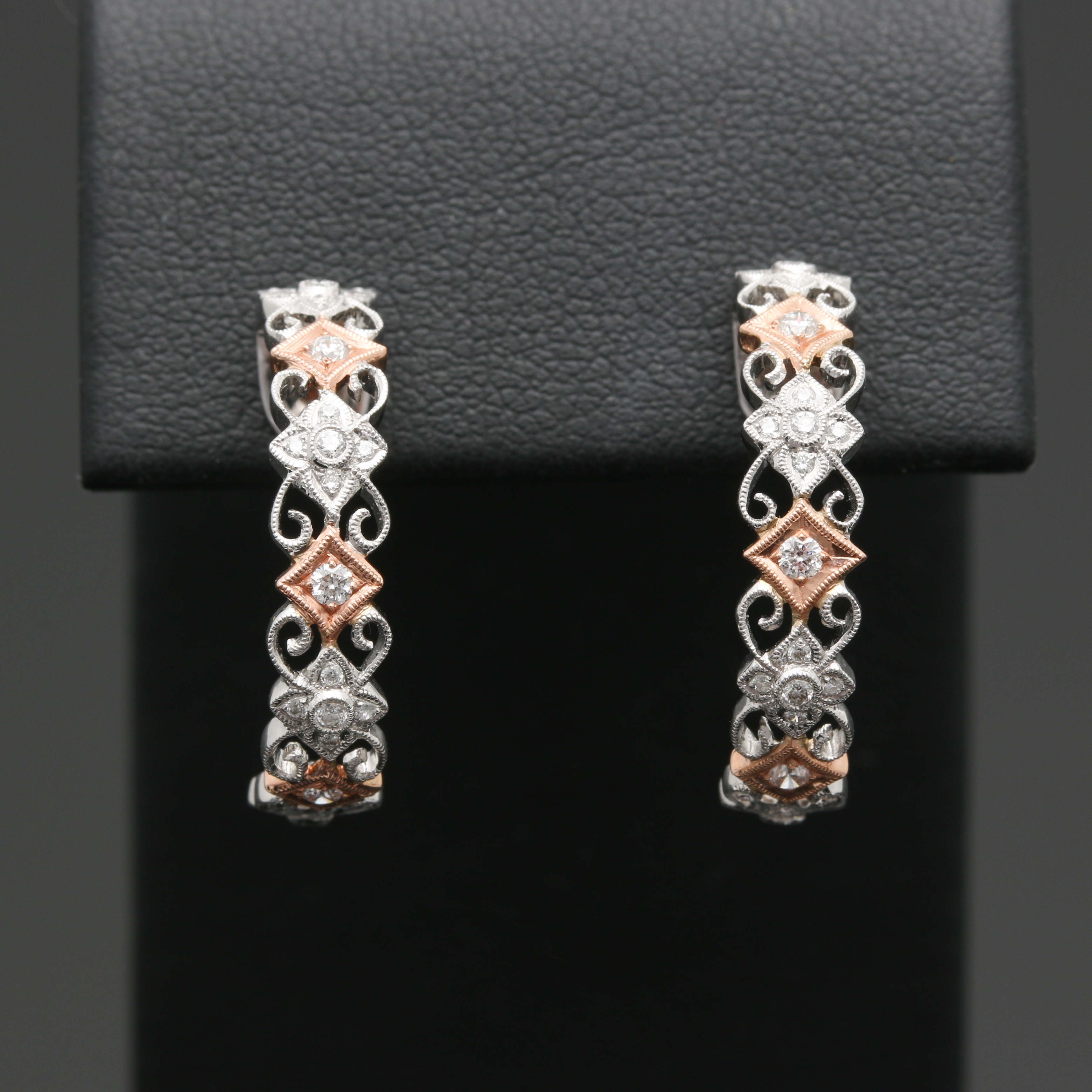 14K White and Rose Gold Diamond Half Hoop Earrings