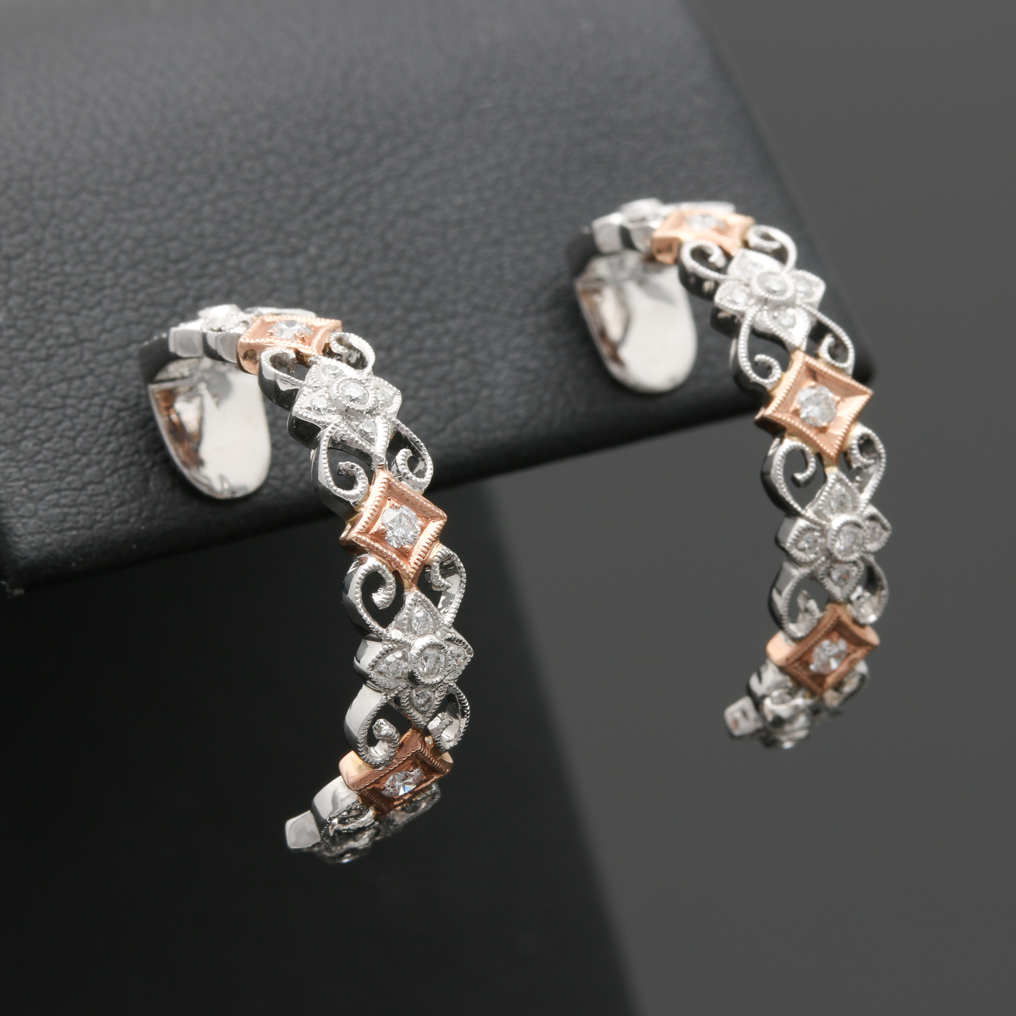 14K White and Rose Gold Diamond Half Hoop Earrings