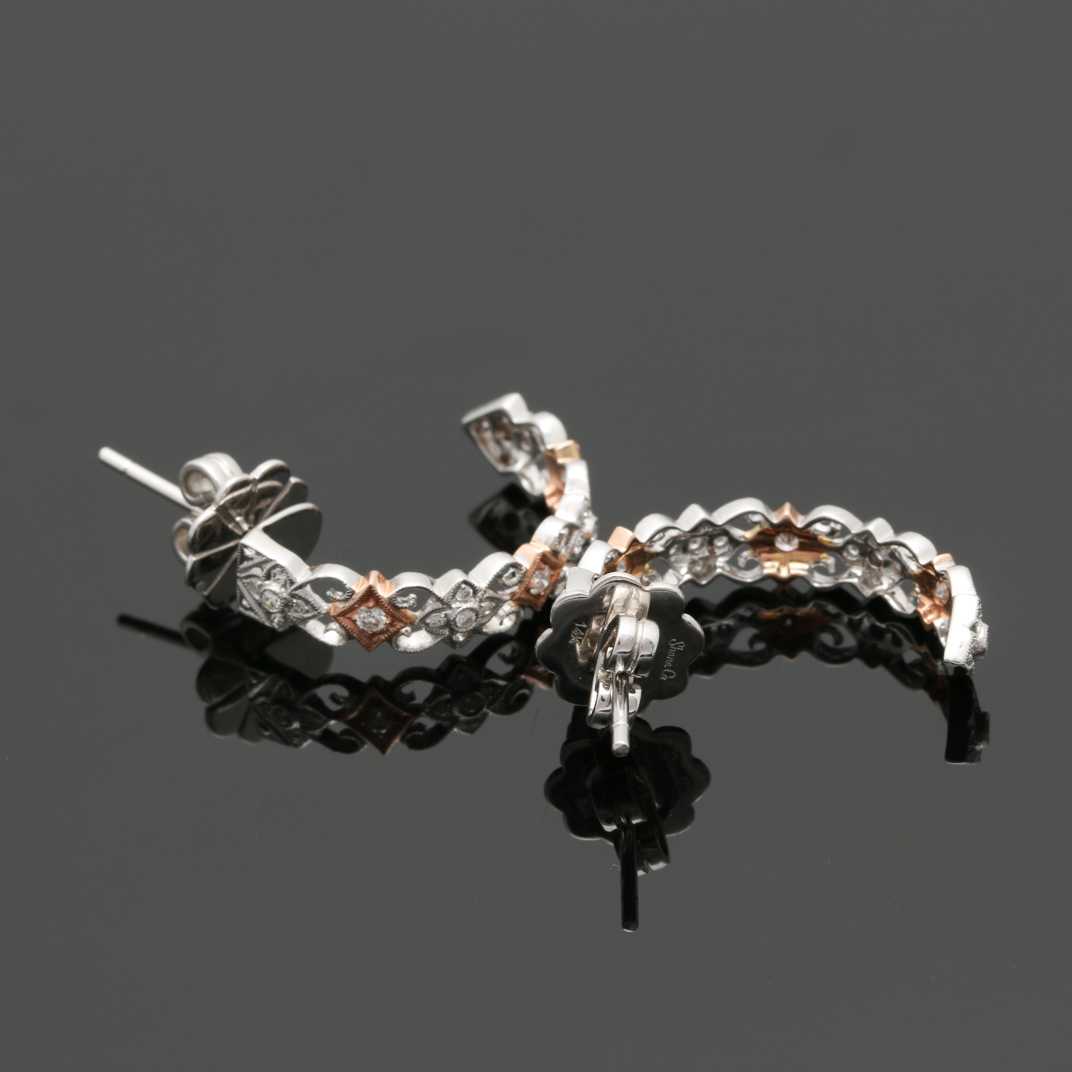 14K White and Rose Gold Diamond Half Hoop Earrings