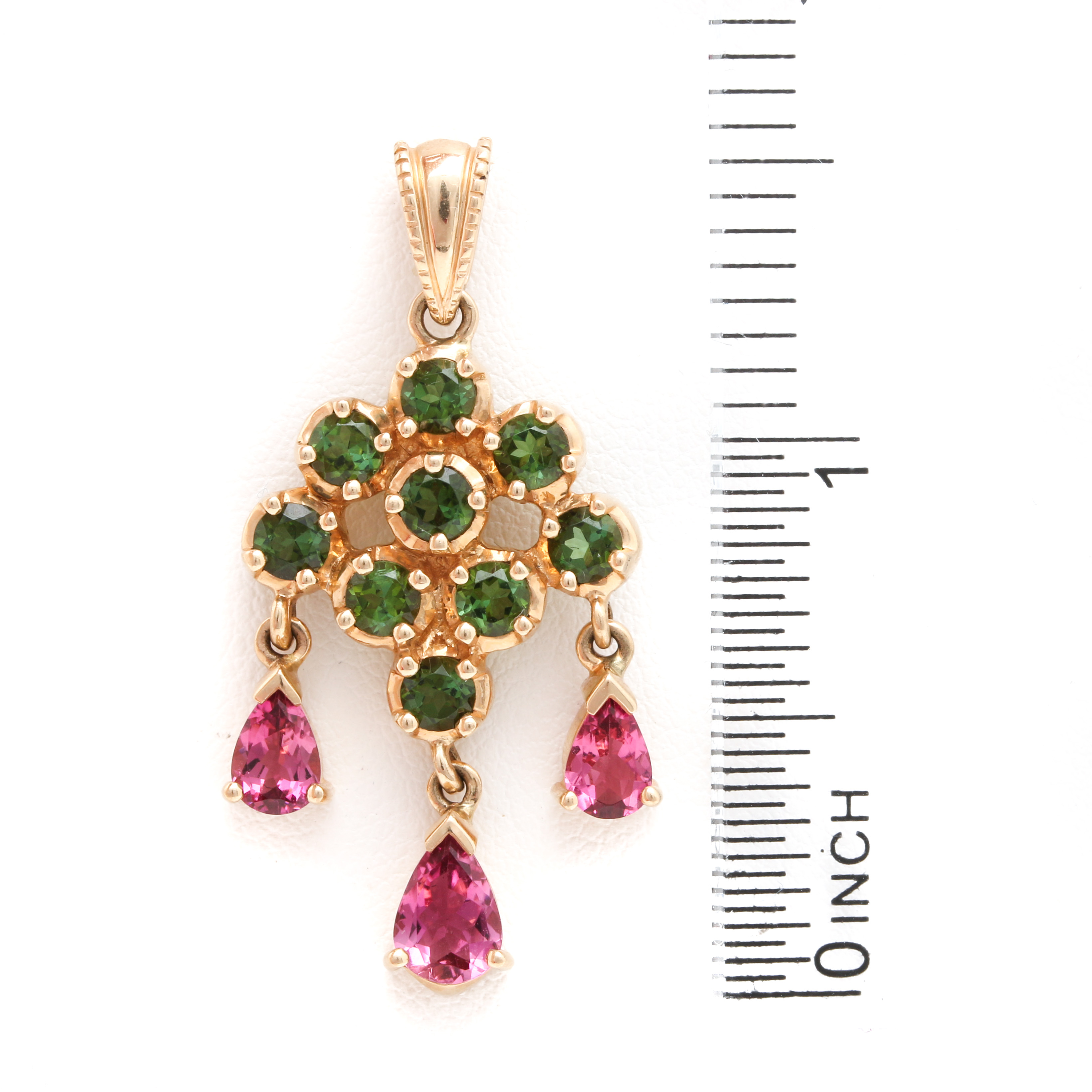 14K Yellow Gold Green and Pink Tourmaline Pendant