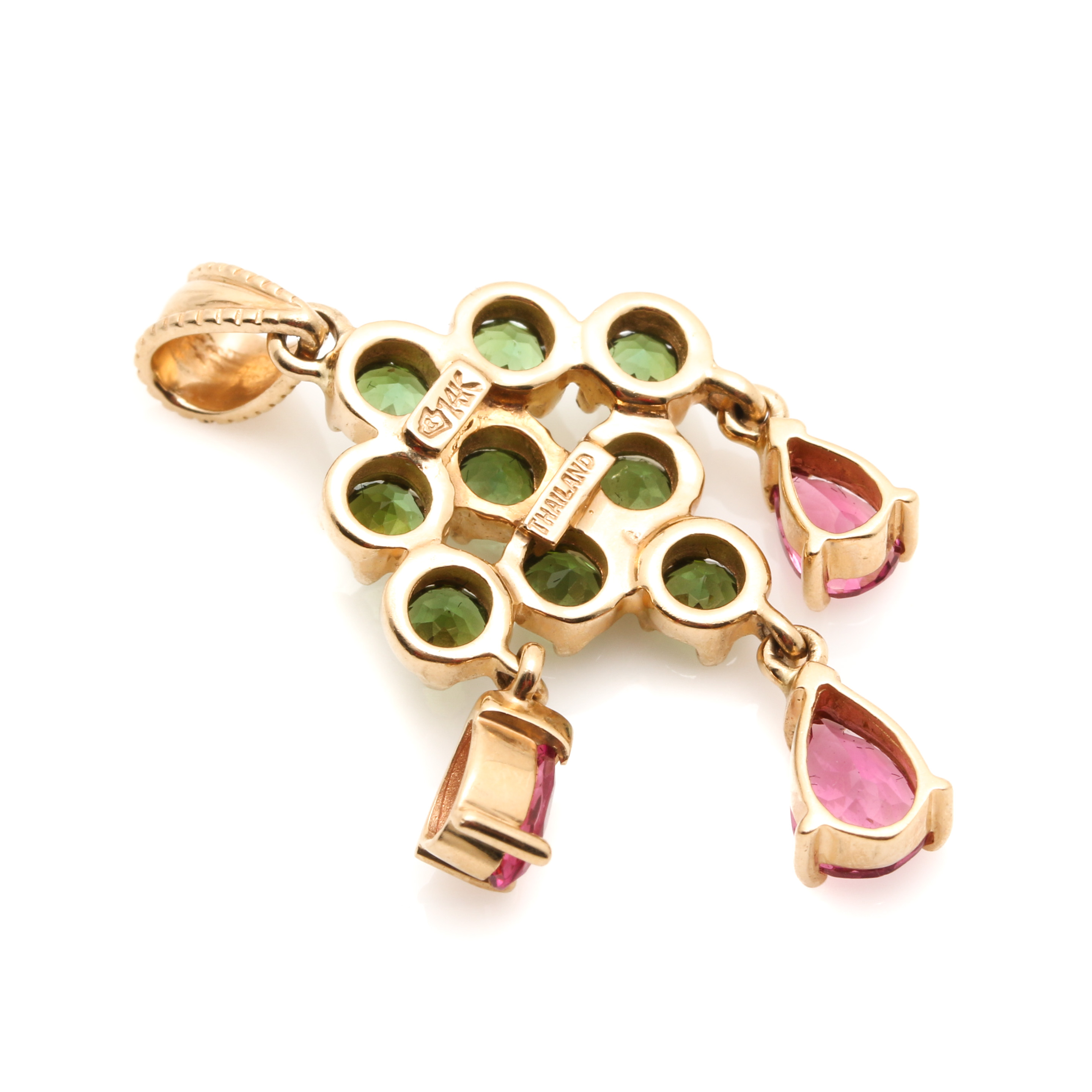 14K Yellow Gold Green and Pink Tourmaline Pendant