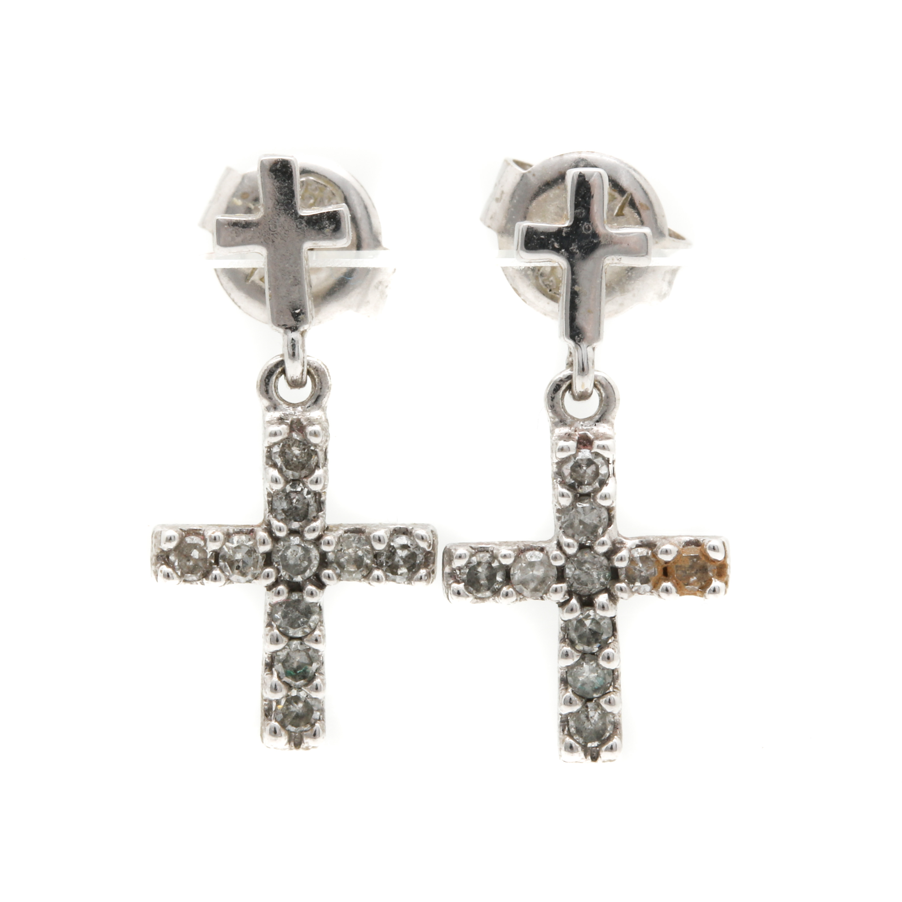 14K White Gold Diamond Cross Earrings