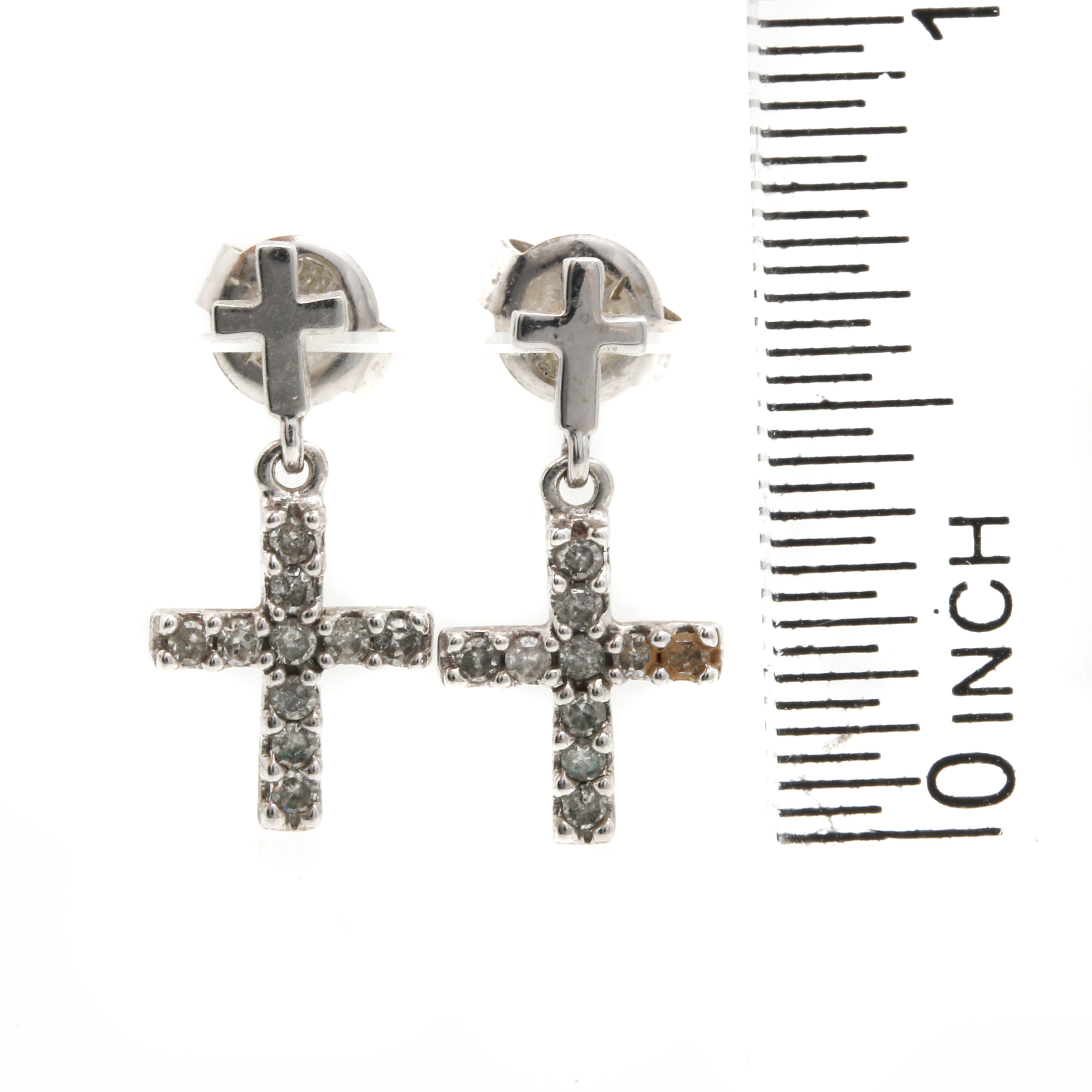 14K White Gold Diamond Cross Earrings