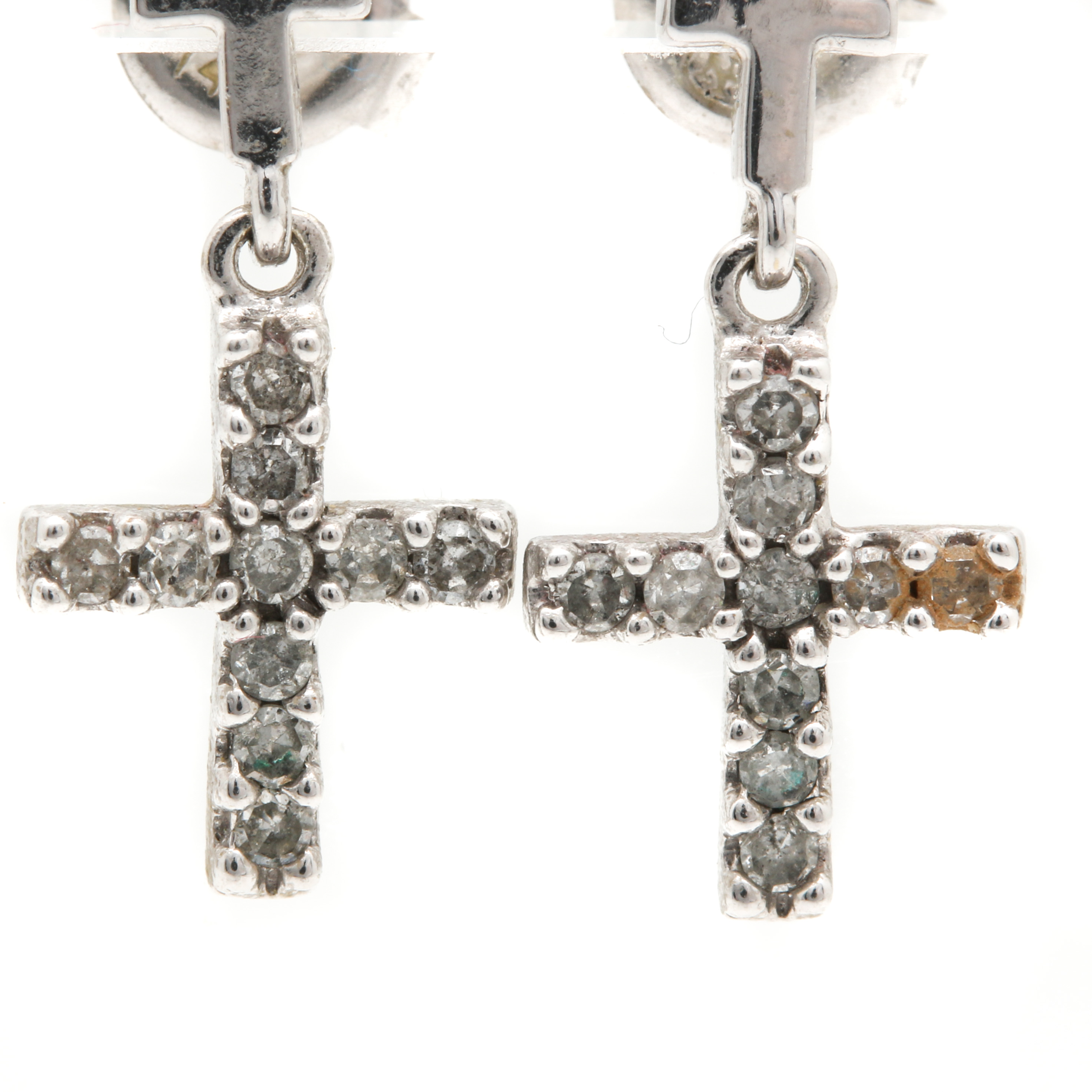 14K White Gold Diamond Cross Earrings