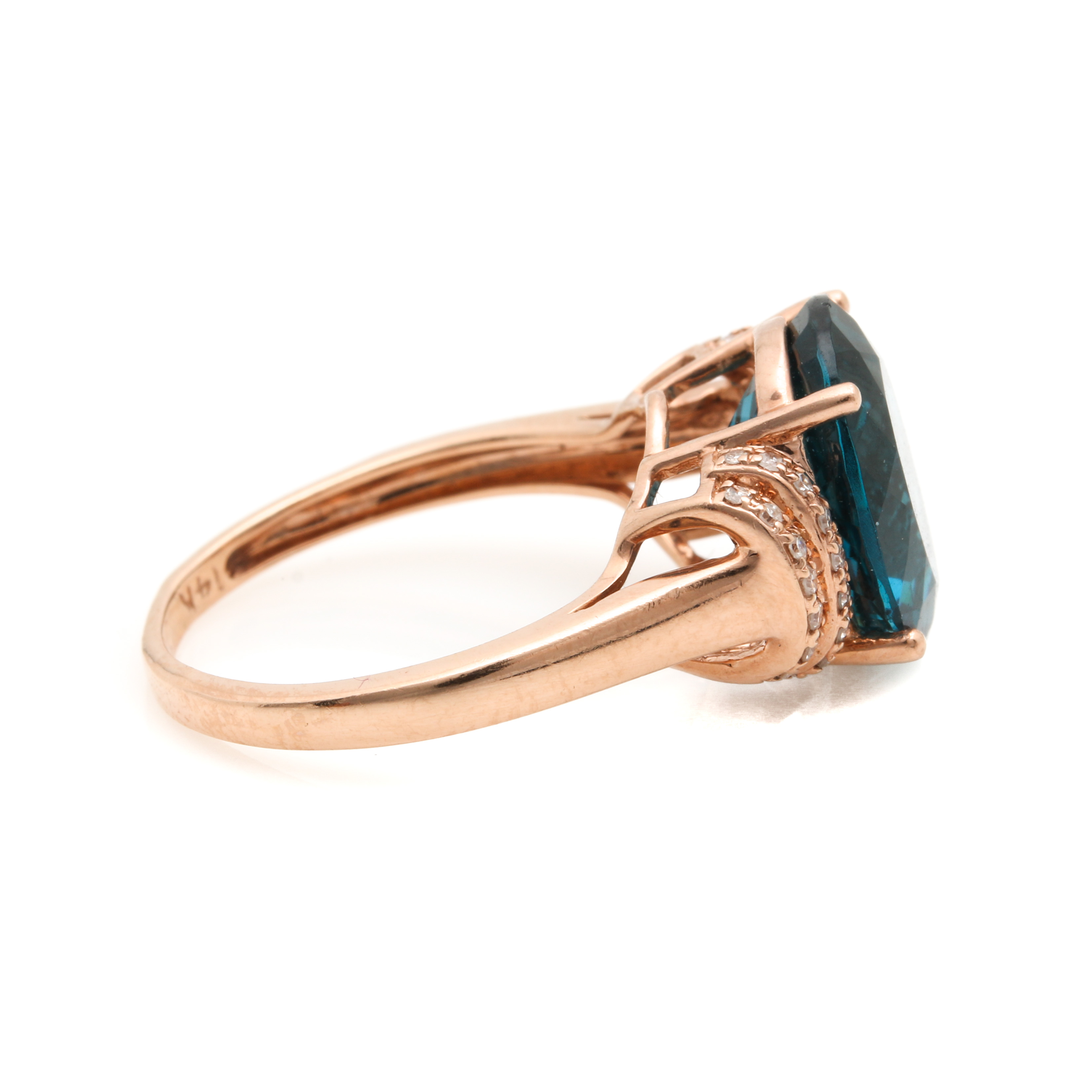 14K Rose Gold 3.86 CT Blue Topaz and Diamond Ring