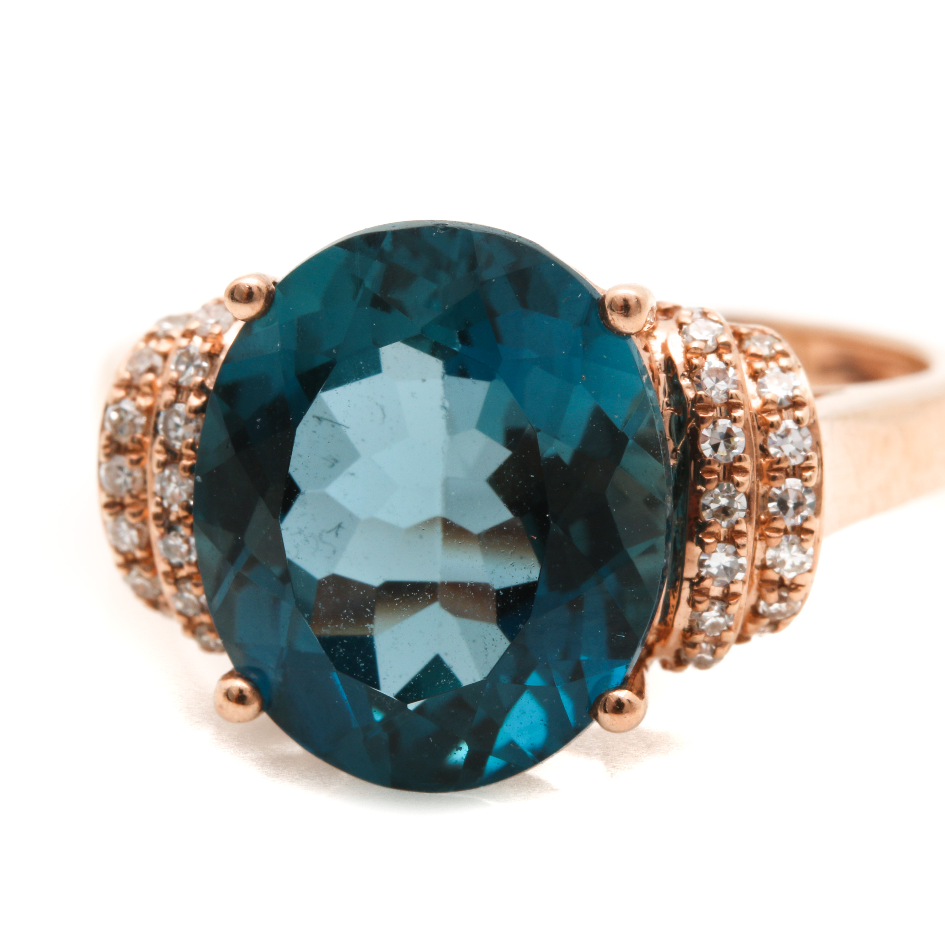 14K Rose Gold 3.86 CT Blue Topaz and Diamond Ring