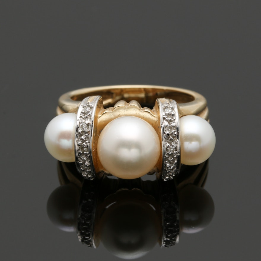 14K Yellow Gold Cultured Pearl and Diamond Ring