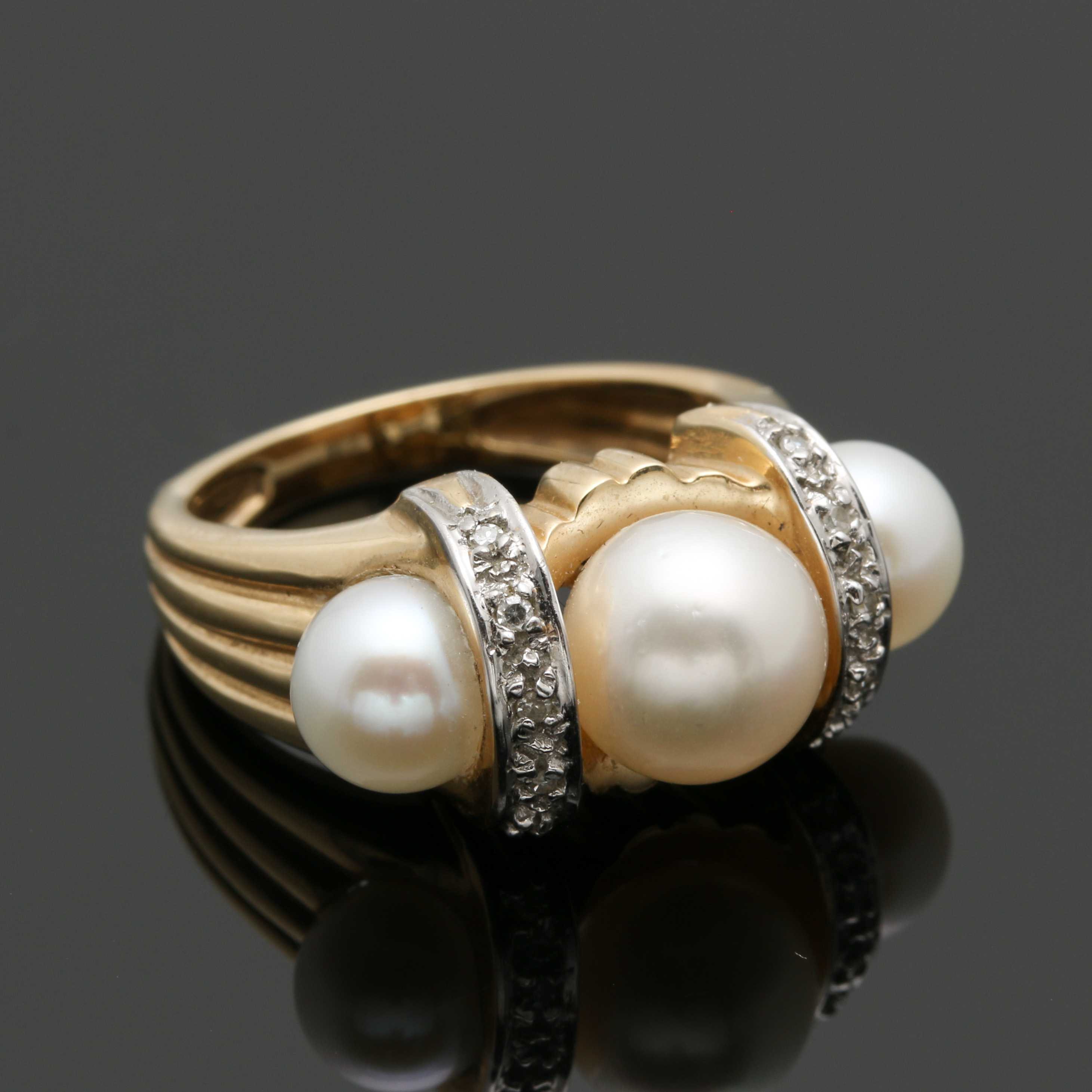 14K Yellow Gold Cultured Pearl and Diamond Ring
