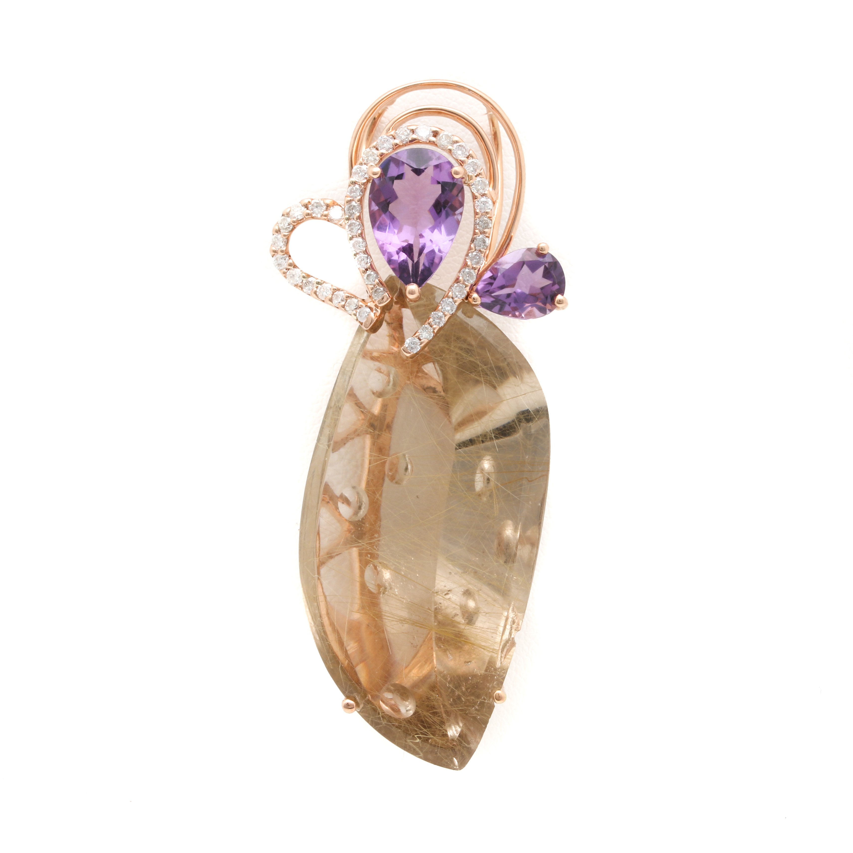 14K Rose Gold Rutilated Quartz, Amethyst, and Diamond Pendant