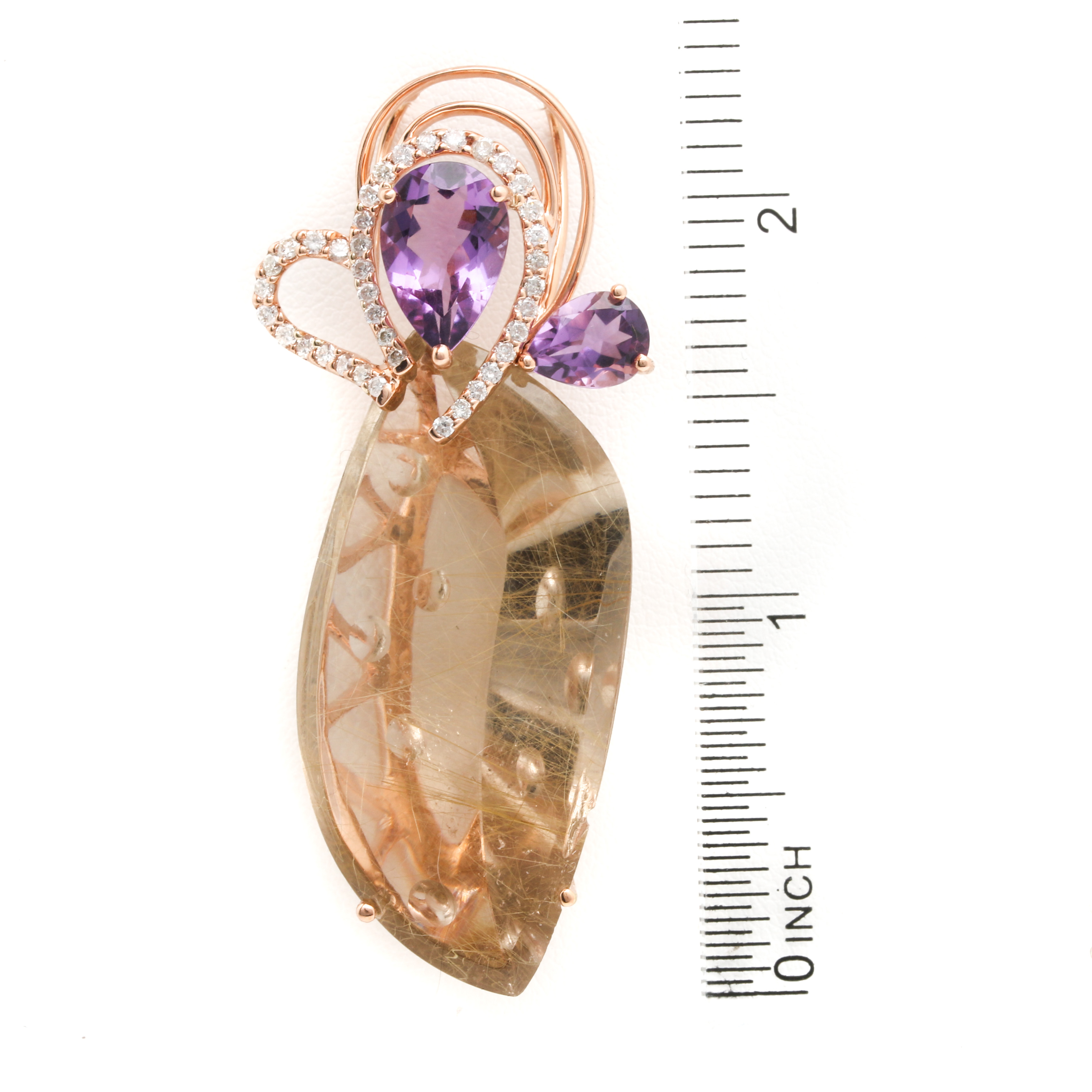 14K Rose Gold Rutilated Quartz, Amethyst, and Diamond Pendant
