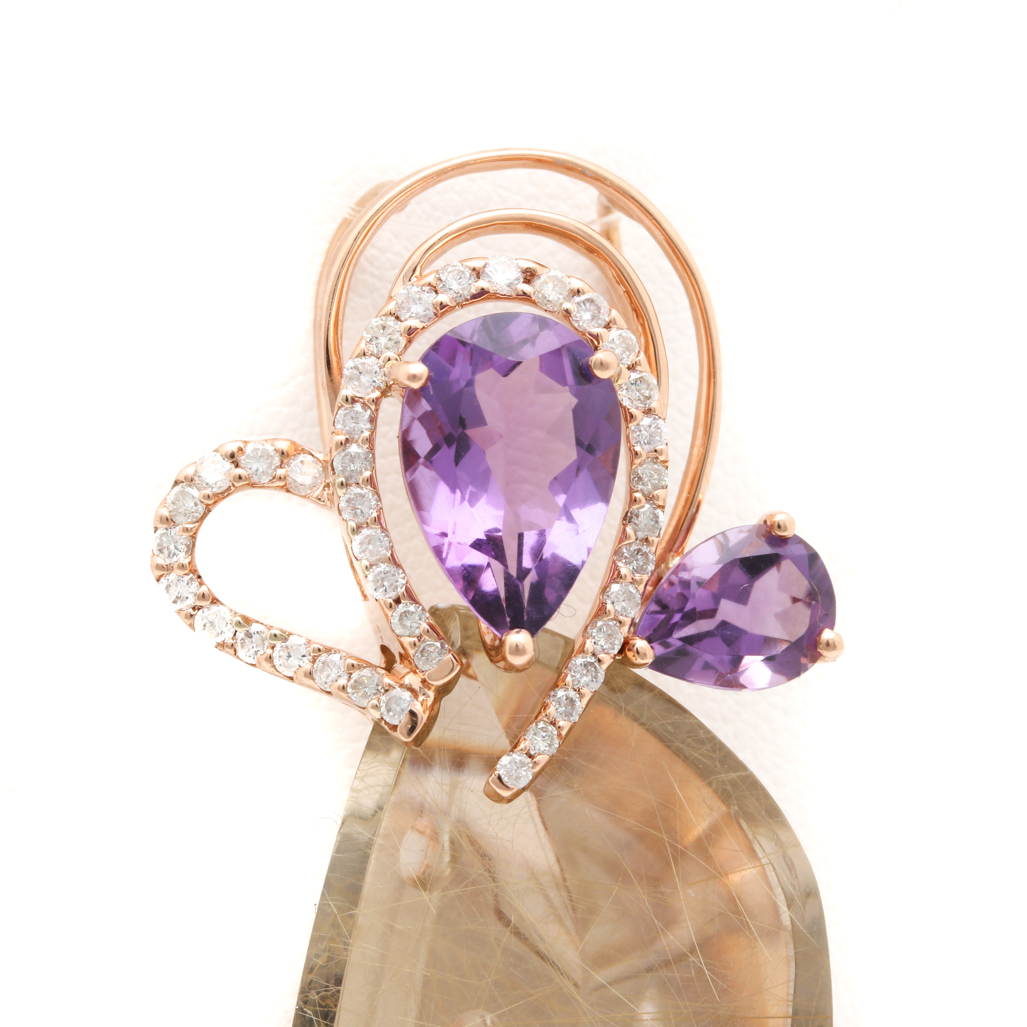 14K Rose Gold Rutilated Quartz, Amethyst, and Diamond Pendant