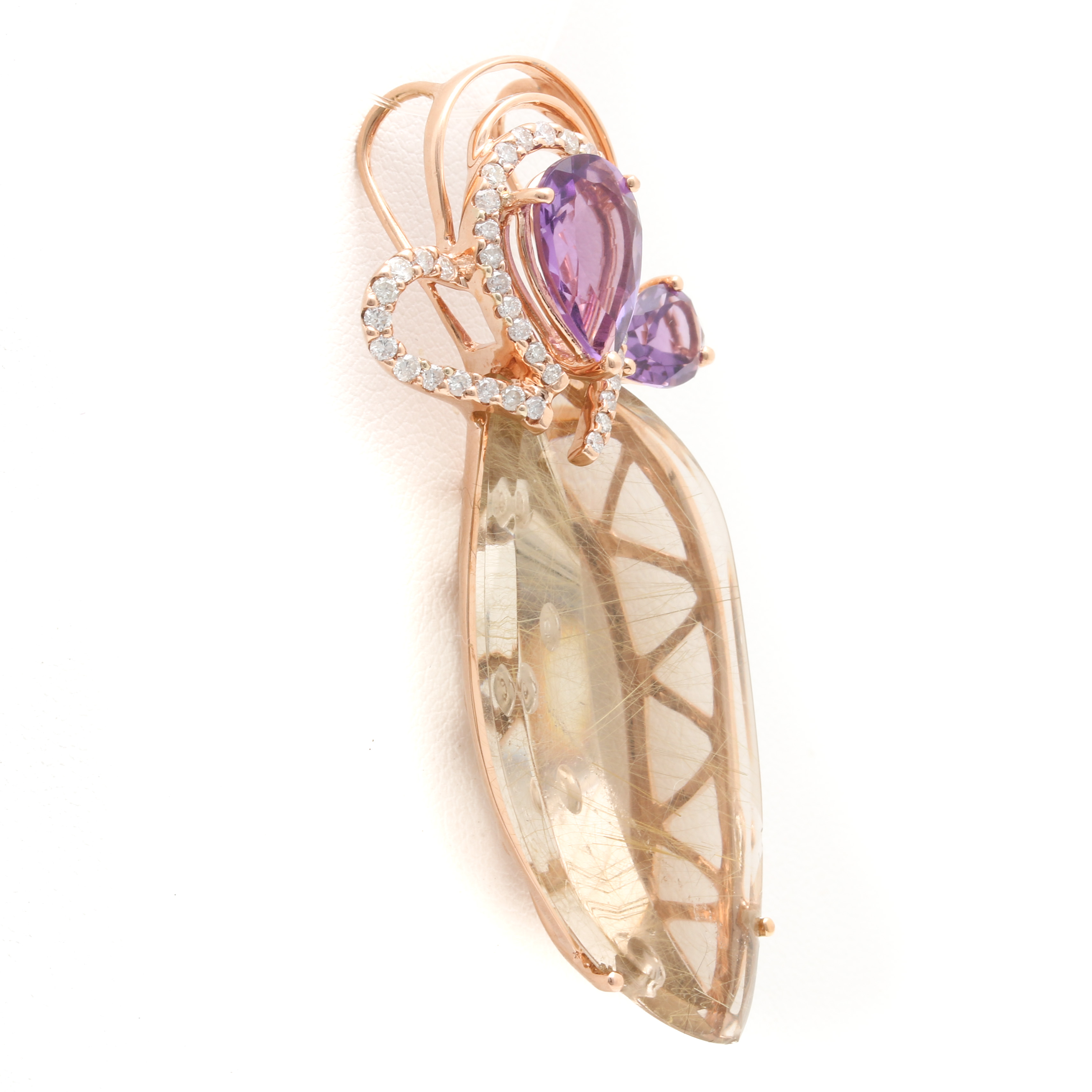 14K Rose Gold Rutilated Quartz, Amethyst, and Diamond Pendant